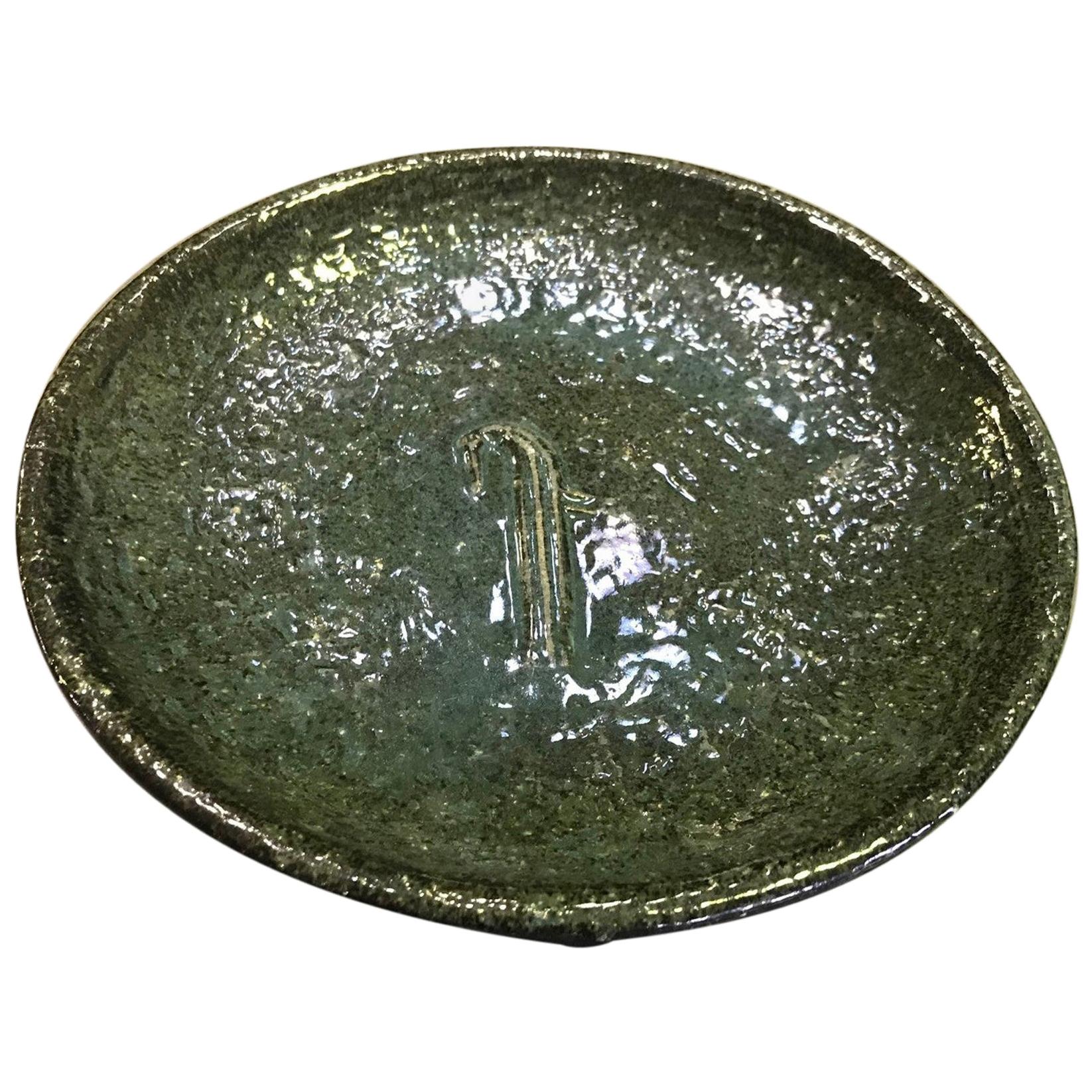 Eugene Deutch Signed Midcentury Glazed Ceramic Pottery Low Bowl Bird Plate, 1951