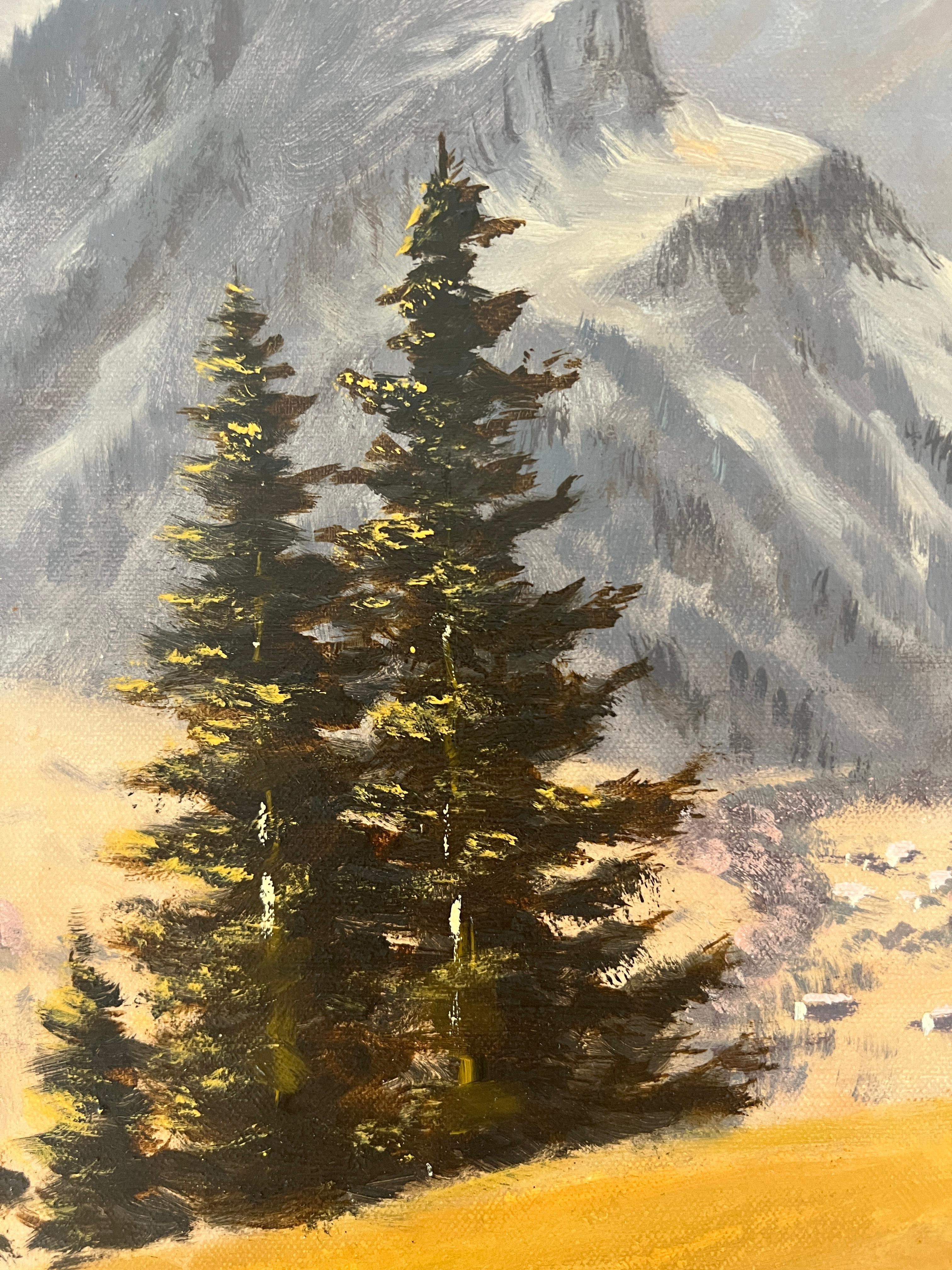 Work on canvas

This work of art is a masterful depiction of an Alpine mountain landscape. The composition is dominated by imposing mountains, whose snow-capped peaks stand out vigorously under a clear blue sky dotted with a few fluffy white clouds.