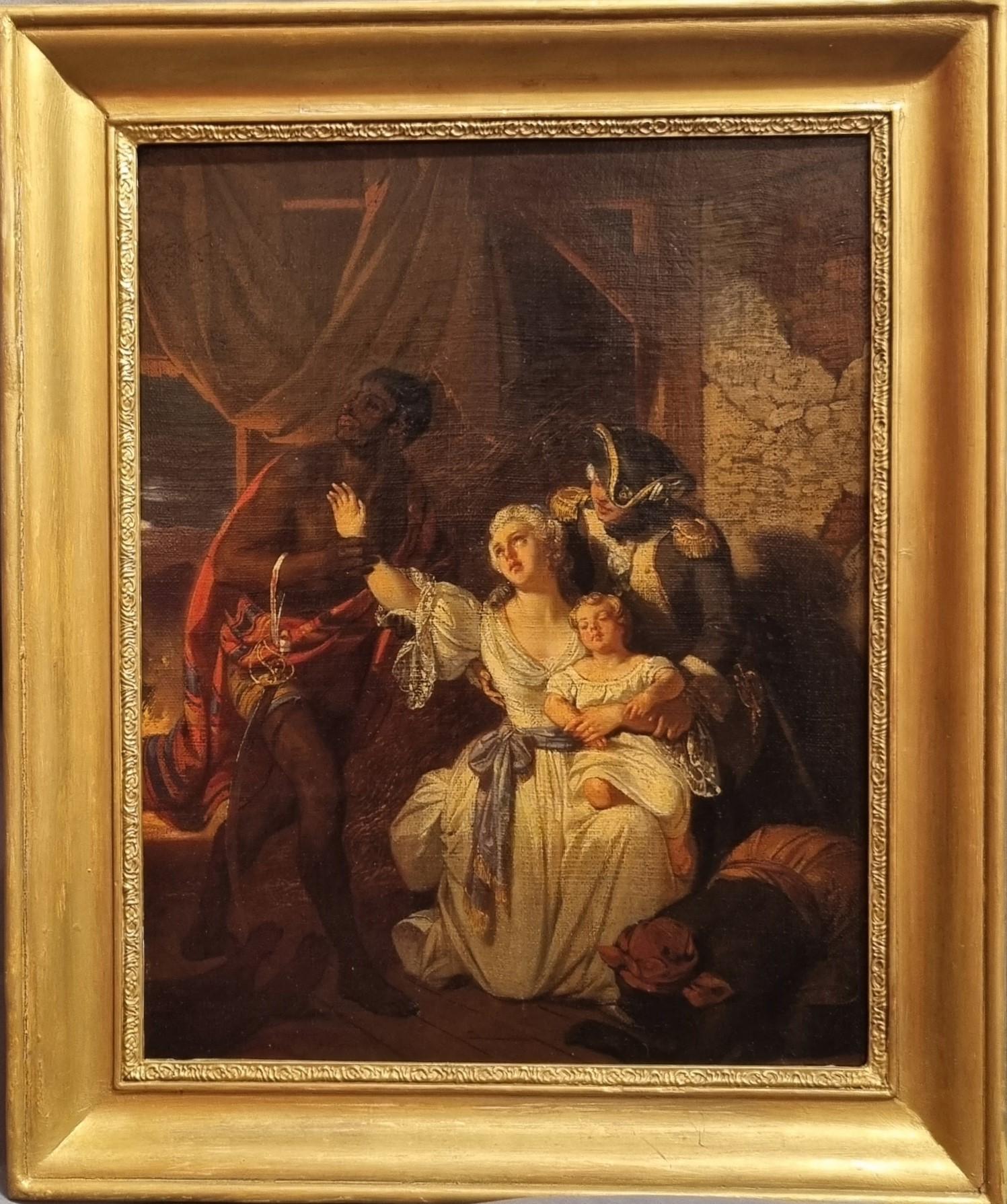 Quadro romantico francese DEVERIA Rebelion Saint Domingue Slavery 19° secolo - Painting di Eugene Deveria