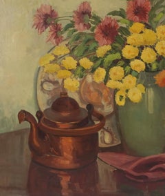 Large Mid Century Still Life - Autumn Chrysanthemums in Vase and Teapot, Signed