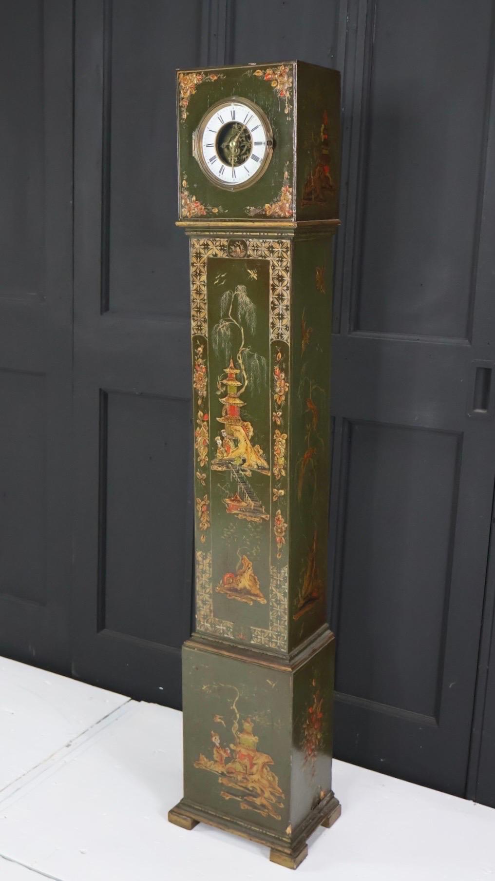 A very decorative, 19thc, French chinoiserie granddaughter clock, by the prolific clockmaker Eugene Farcot of Paris, France.
With a very vibrant and decorative chinoiserie design over the green wooden case.
The clock retains its original brass clock