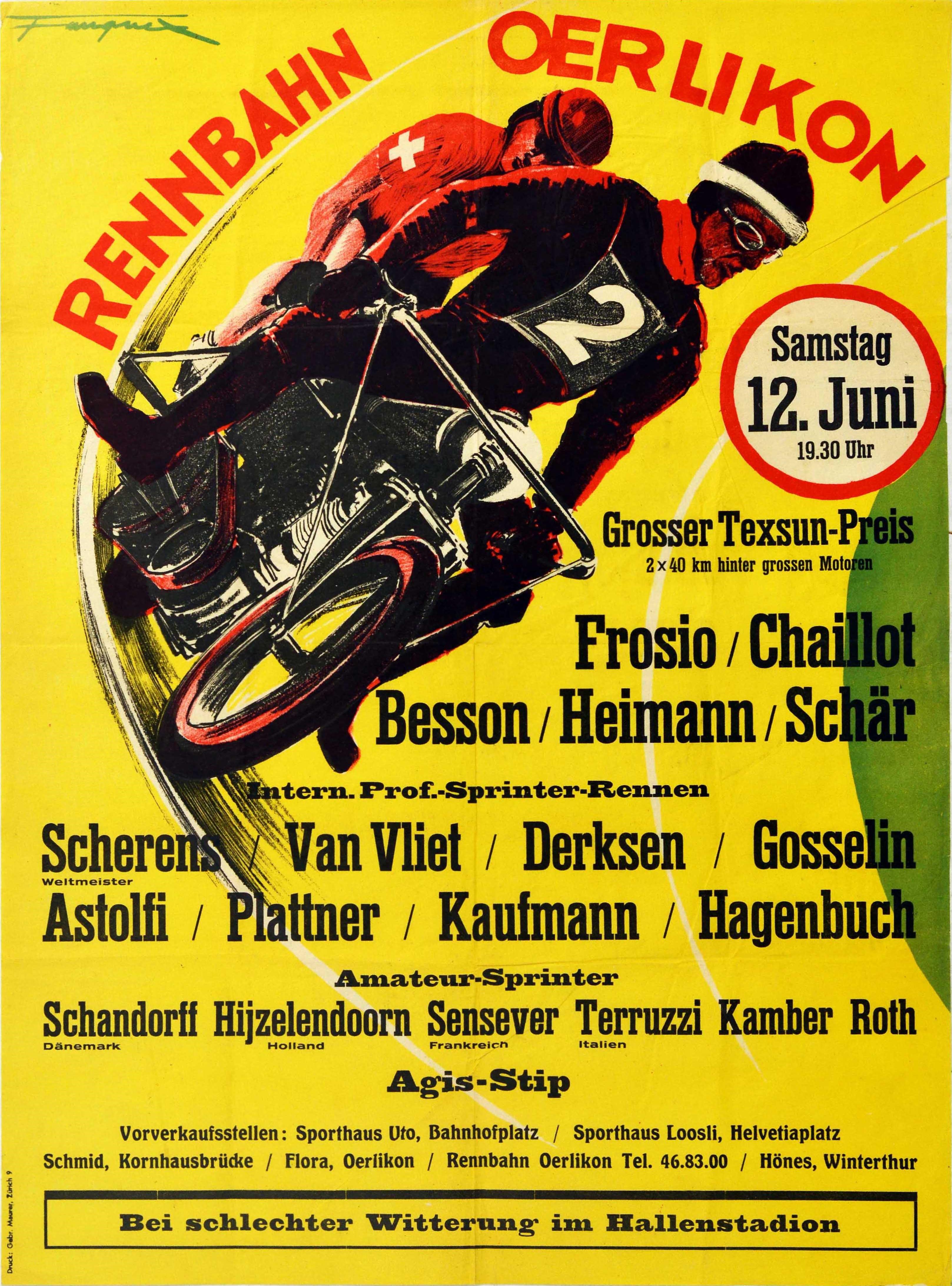 Eugene Fauquex Print - Original Vintage Auto Racing Poster Oerlikon Racecourse Motorcycle Sport Event