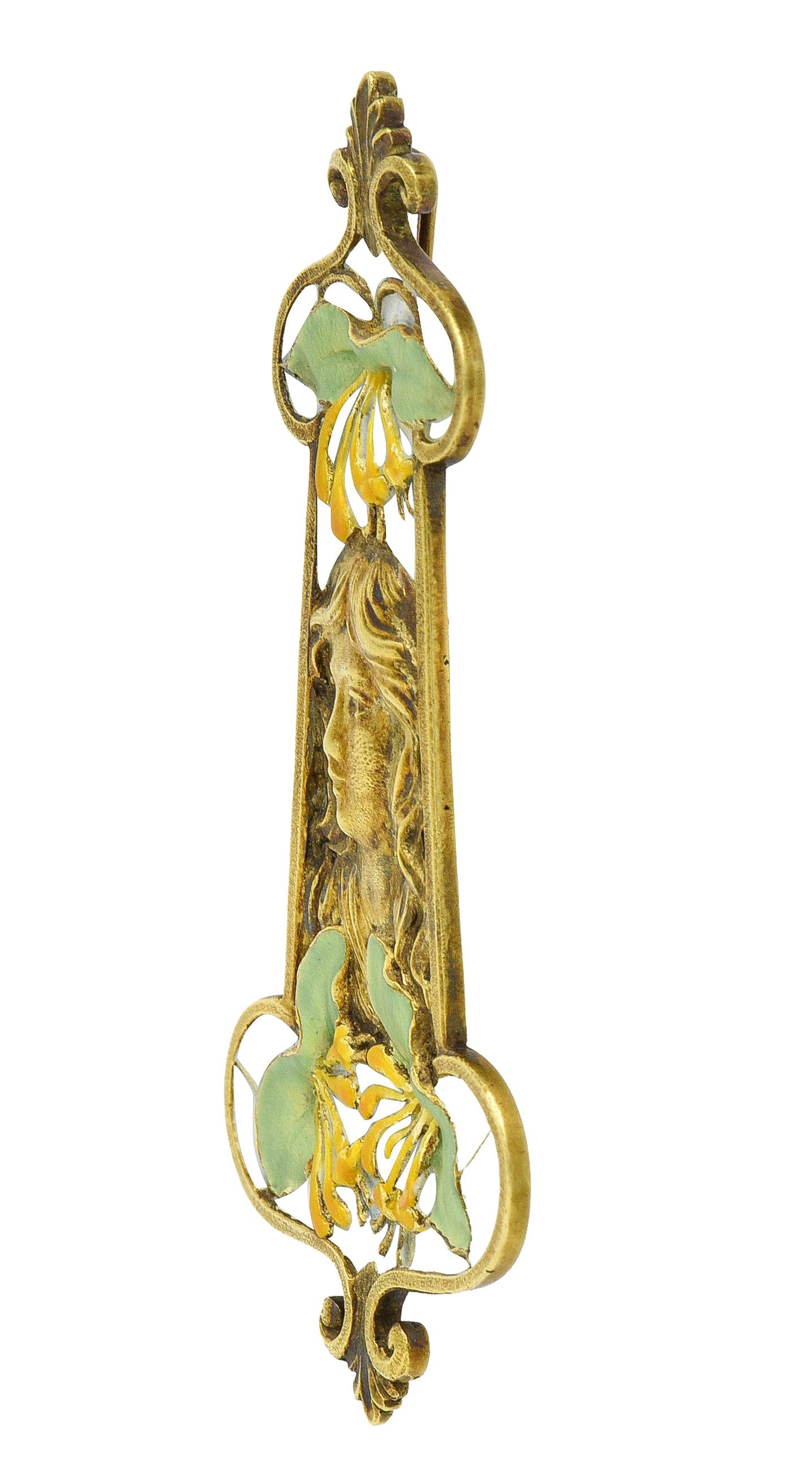 Eugene Feuilltre Art Nouveau Enamel 18 Karat Gold Lily Lady Antique Pendant In Excellent Condition For Sale In Philadelphia, PA