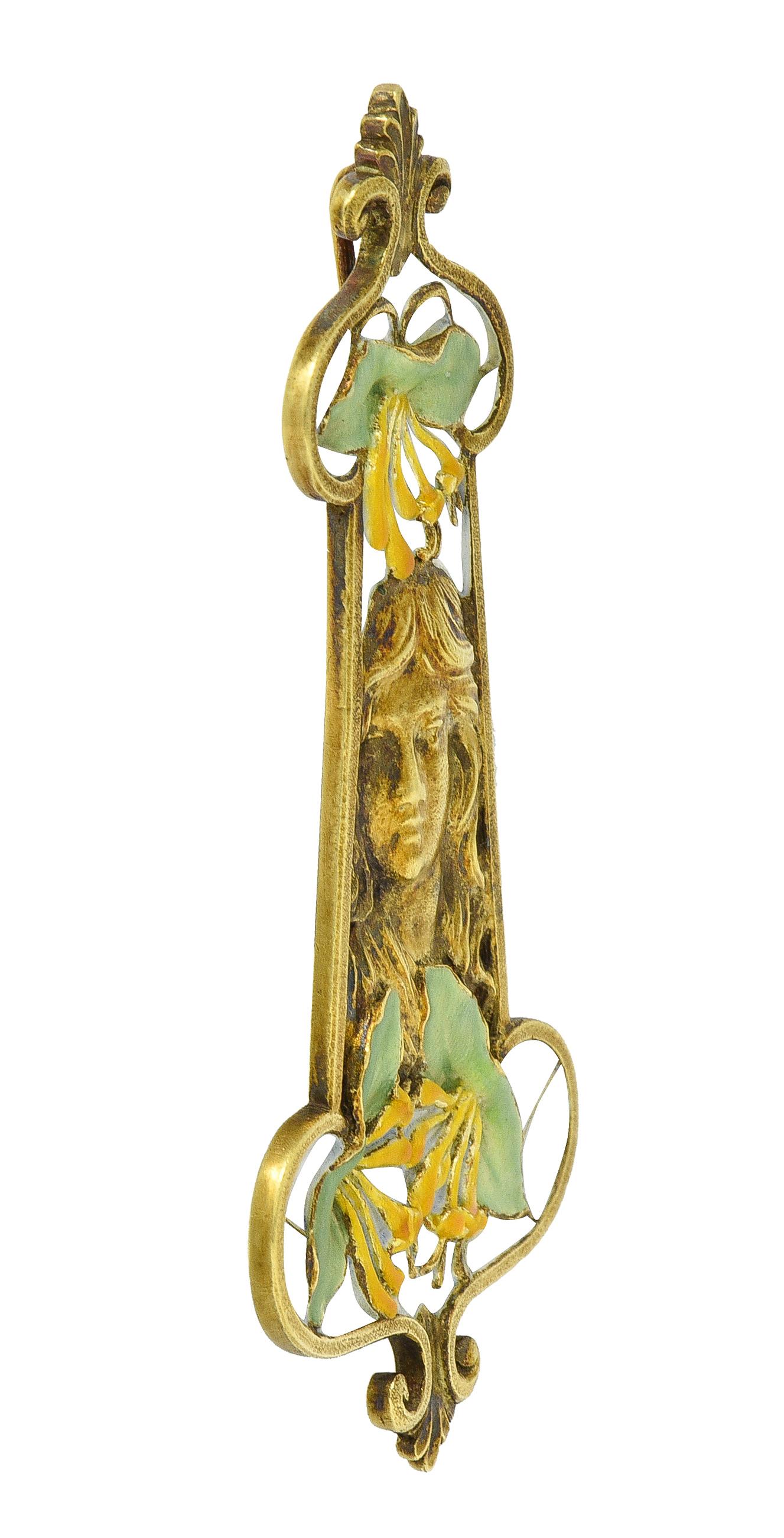 Women's or Men's Eugene Feuilltre Art Nouveau Enamel 18 Karat Gold Lily Lady Antique Pendant For Sale