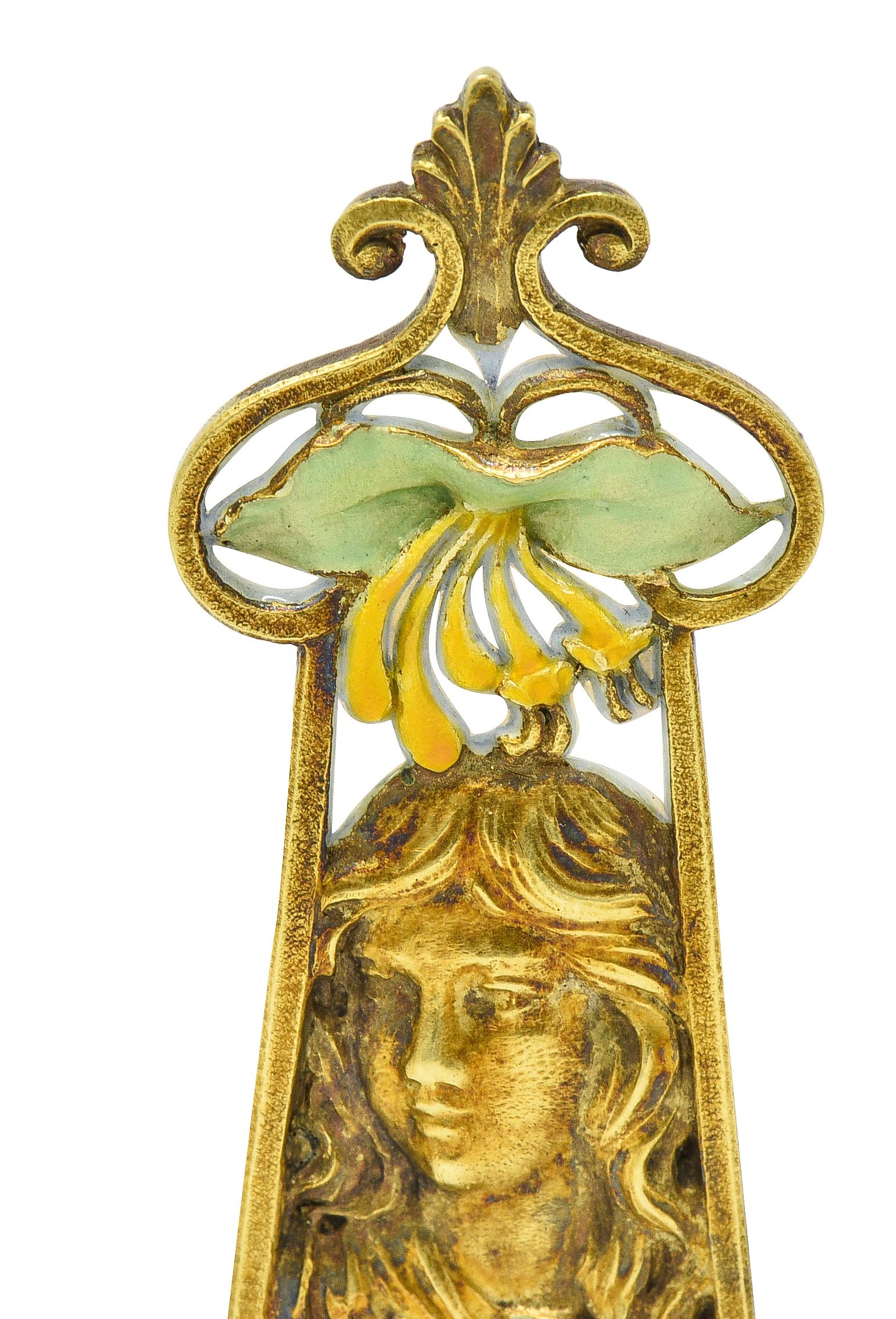 Eugene Feuilltre Art Nouveau Enamel 18 Karat Gold Lily Lady Antique Pendant For Sale 1