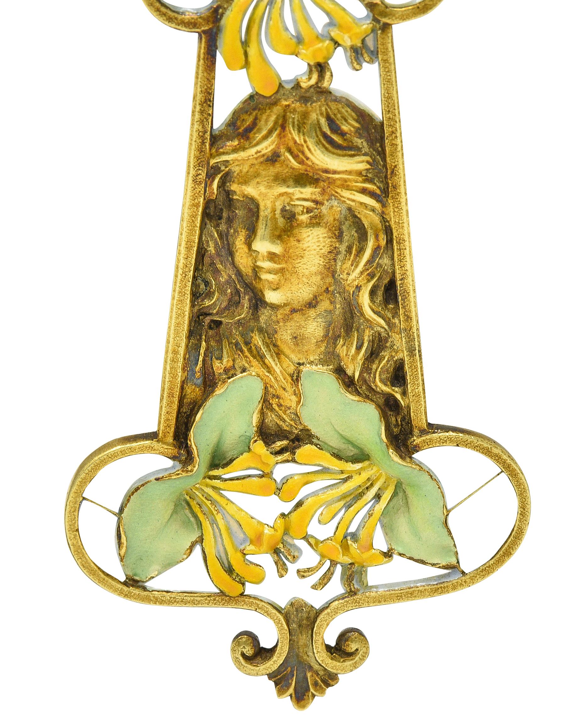 Eugene Feuilltre Art Nouveau Enamel 18 Karat Gold Lily Lady Antique Pendant For Sale 2