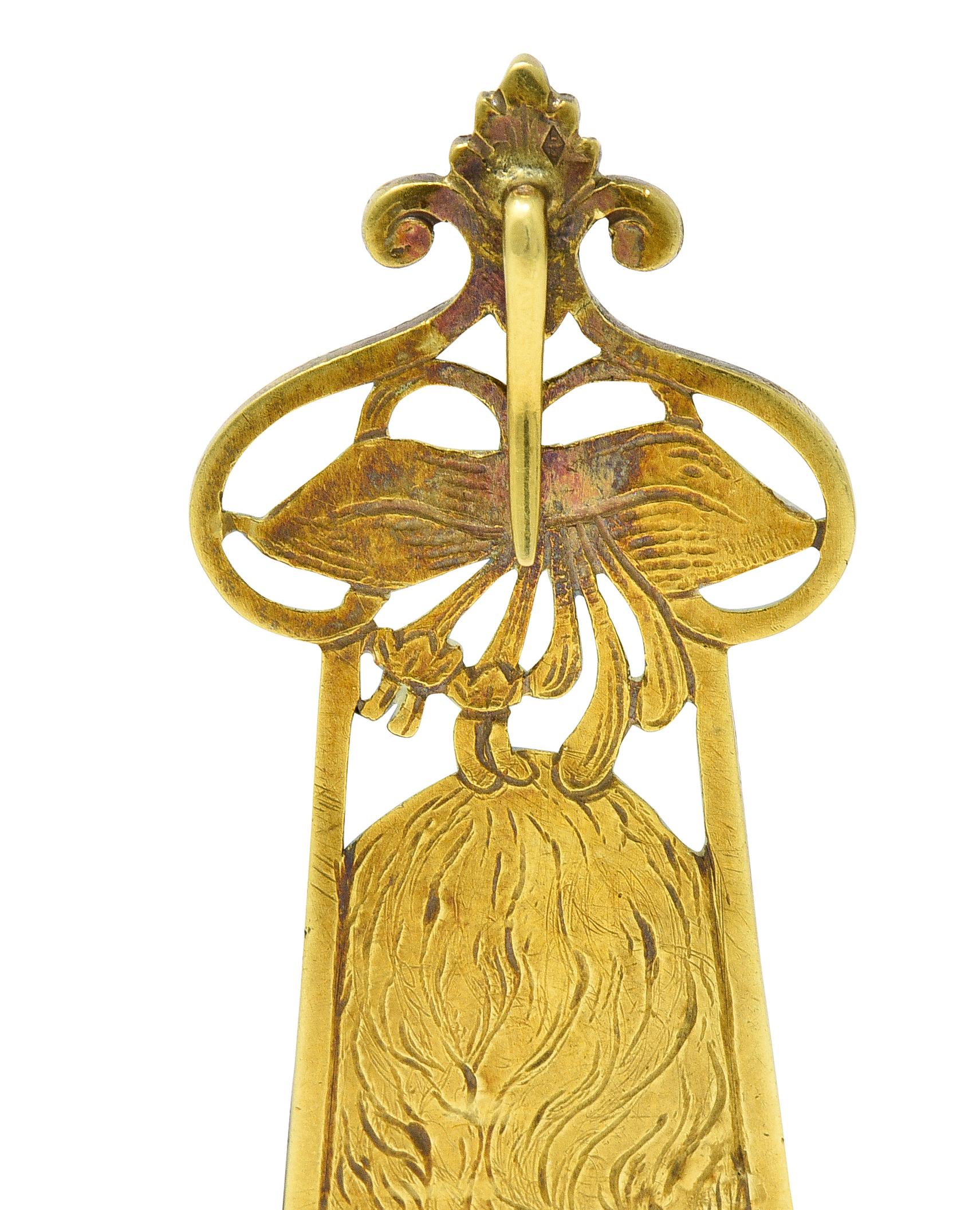 Eugene Feuilltre Art Nouveau Enamel 18 Karat Gold Lily Lady Antique Pendant For Sale 3