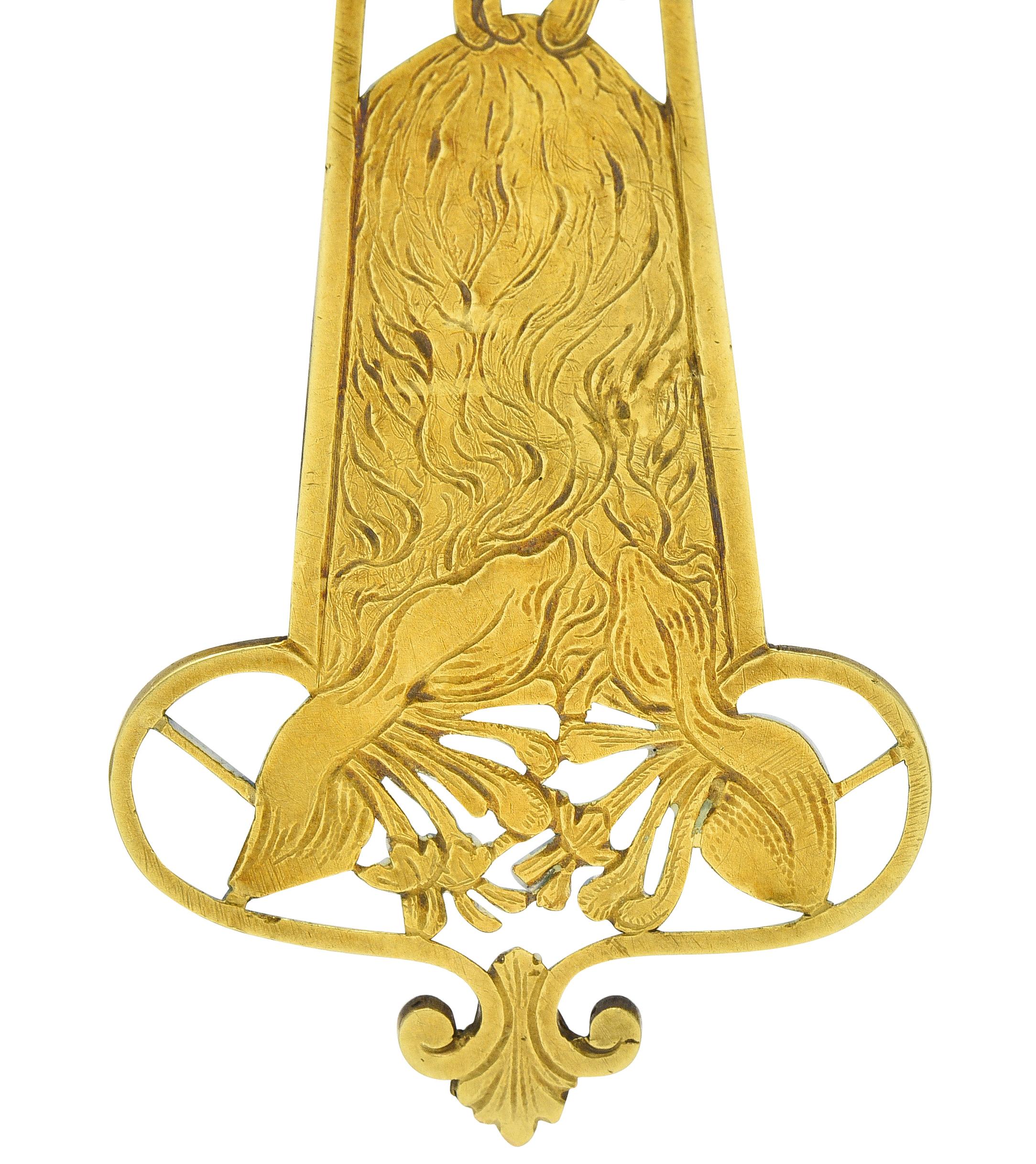 Eugene Feuilltre Art Nouveau Enamel 18 Karat Gold Lily Lady Antique Pendant For Sale 4
