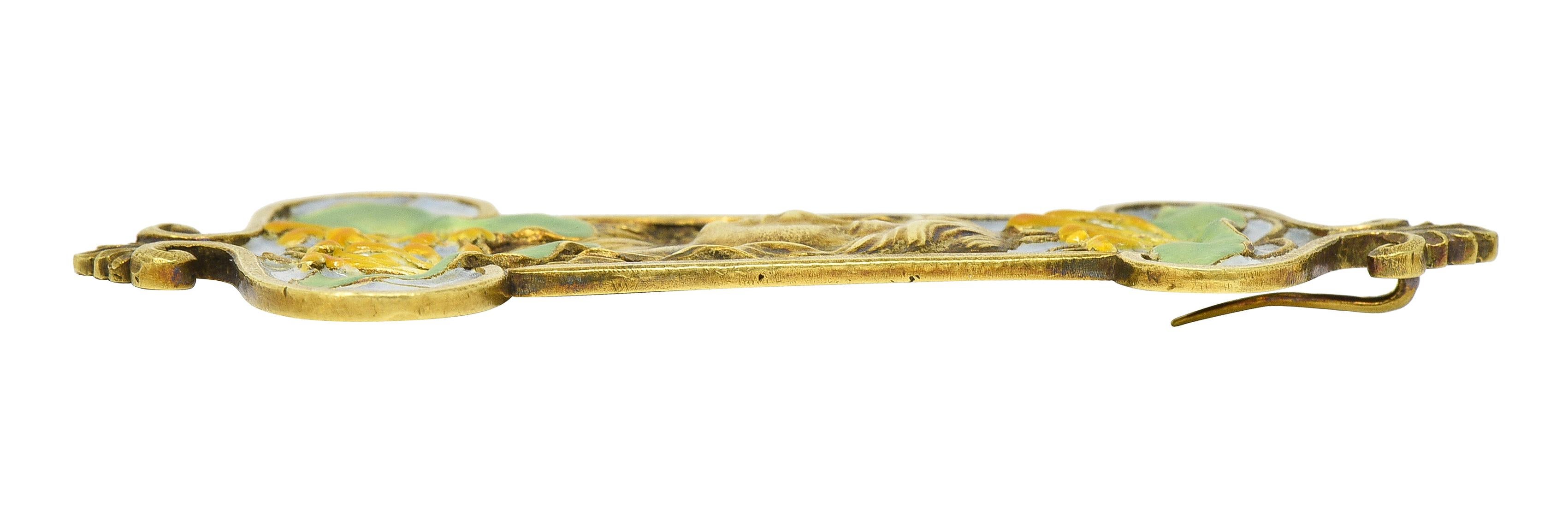 Eugene Feuilltre Art Nouveau Enamel 18 Karat Gold Lily Lady Antique Pendant For Sale 5