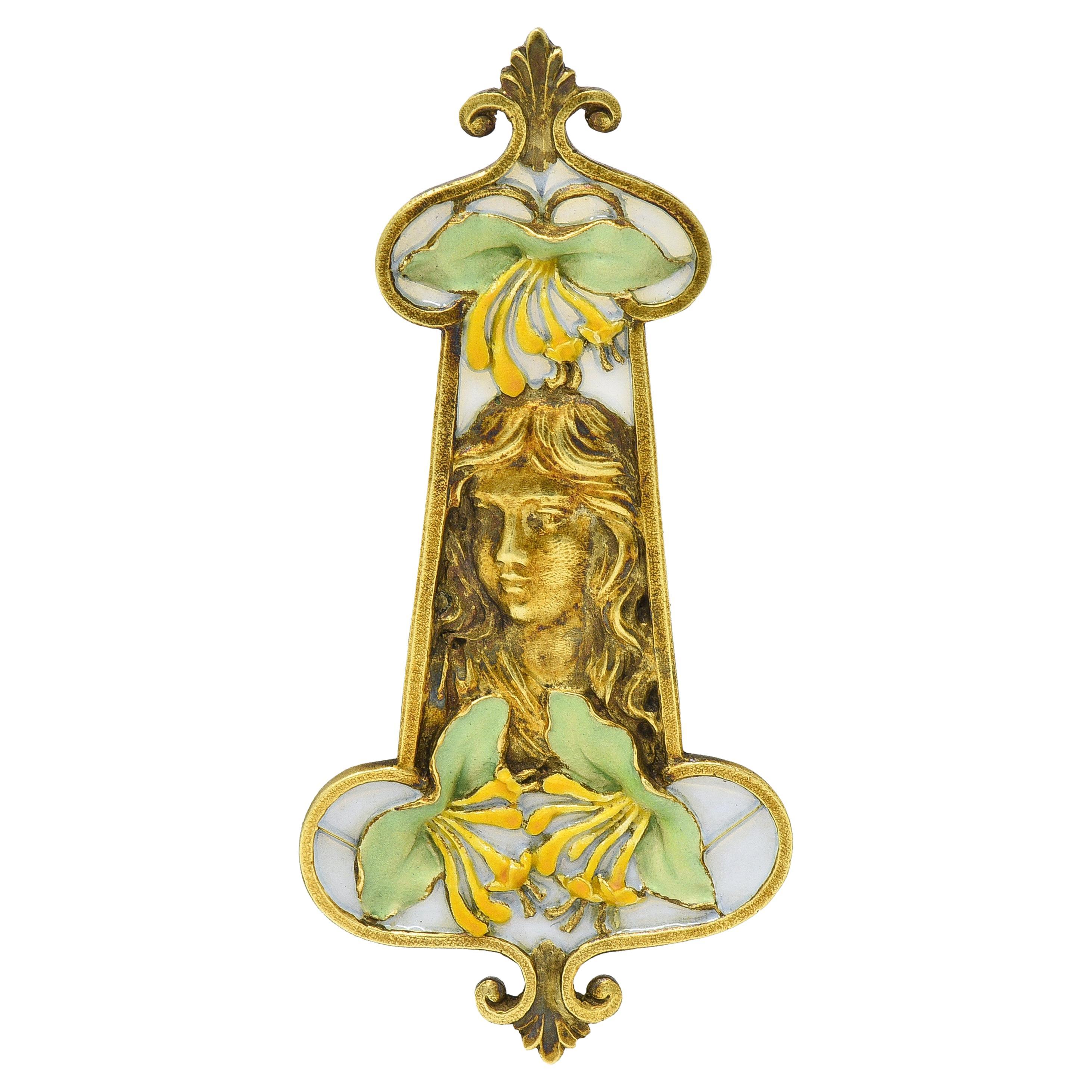 Eugene Feuilltre Art Nouveau Enamel 18 Karat Gold Lily Lady Antique Pendant For Sale