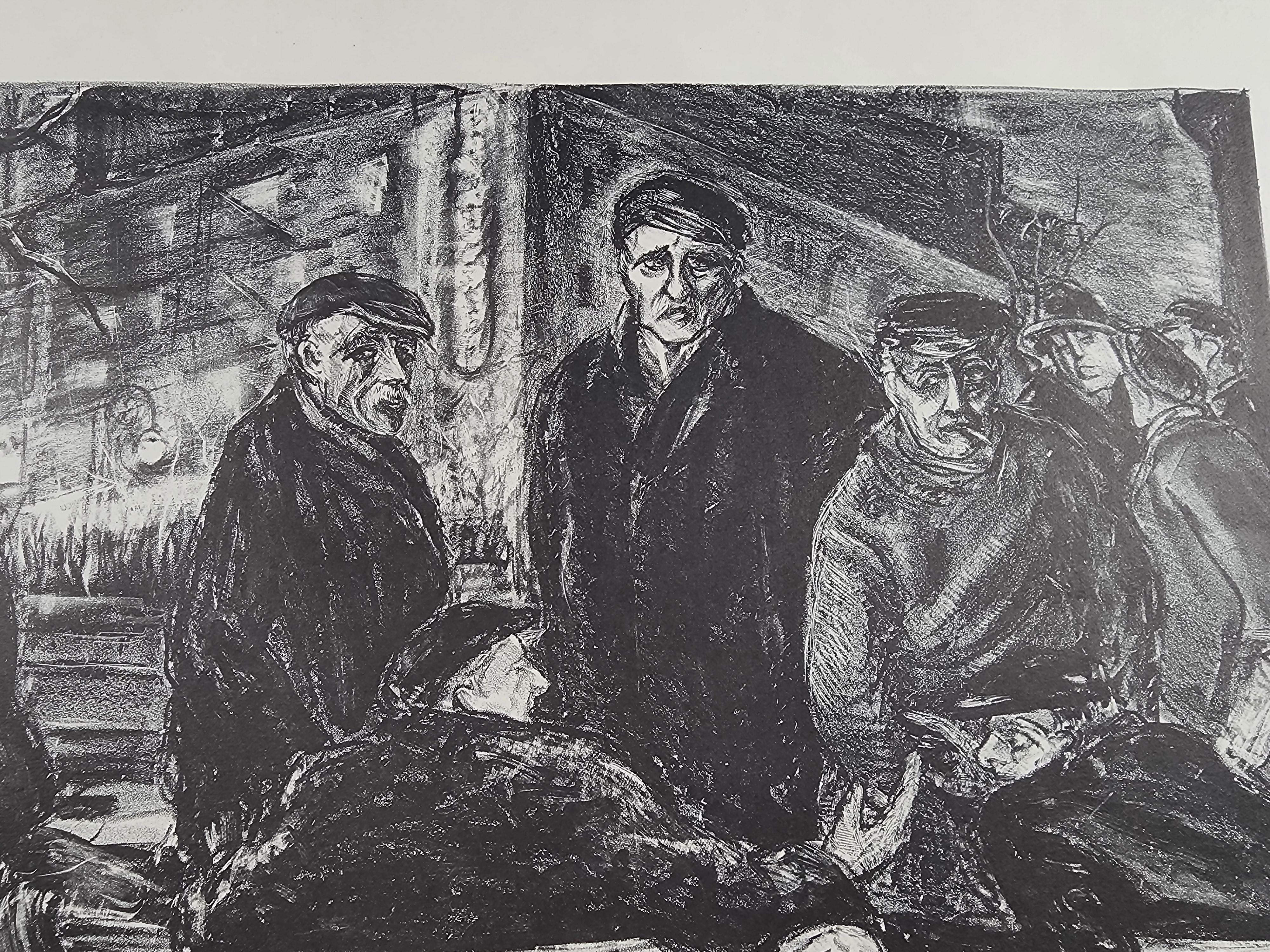 Eine Lithographie der WPA-Ära von Eugene Fitsch, herausgegeben von der American Artist School in New York, mit einer Faksimile-Signatur unten rechts unter dem Bild.
Abgebildet sind wahrscheinlich arbeitslose Männer im Park.