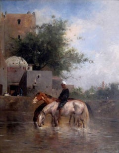 Antique Watering Horses, Egypt - Oil on Panel - French