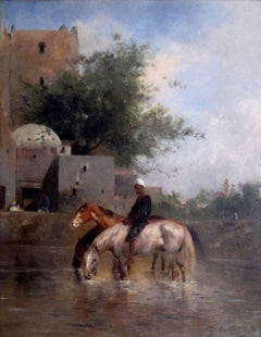 Abreuvement des chevaux, Egypte - Huile sur panneau - Français