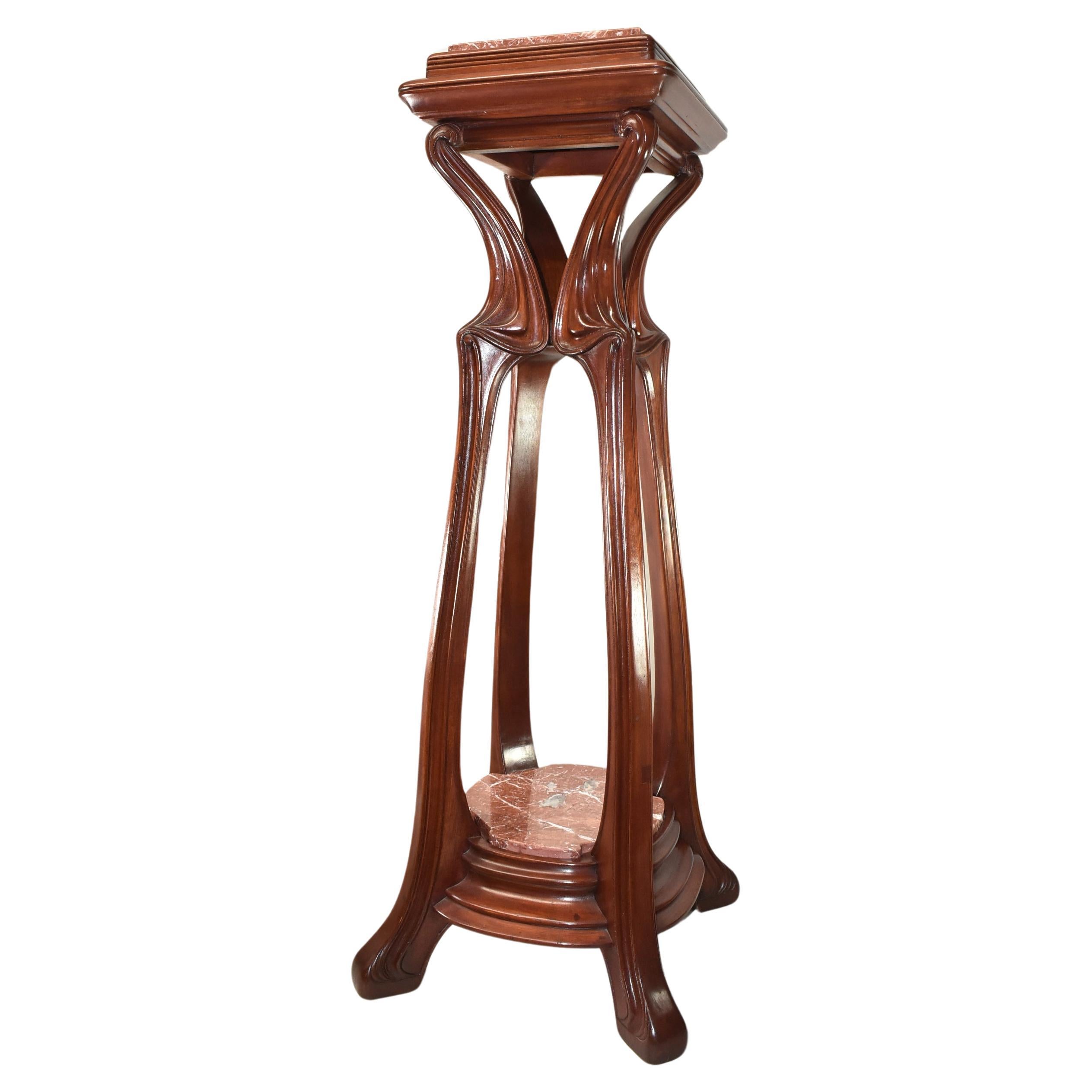 Eugene Gaillard Art Nouveau Mahogany and Marble Plant Stand, Pedestal, 51" (en anglais) en vente