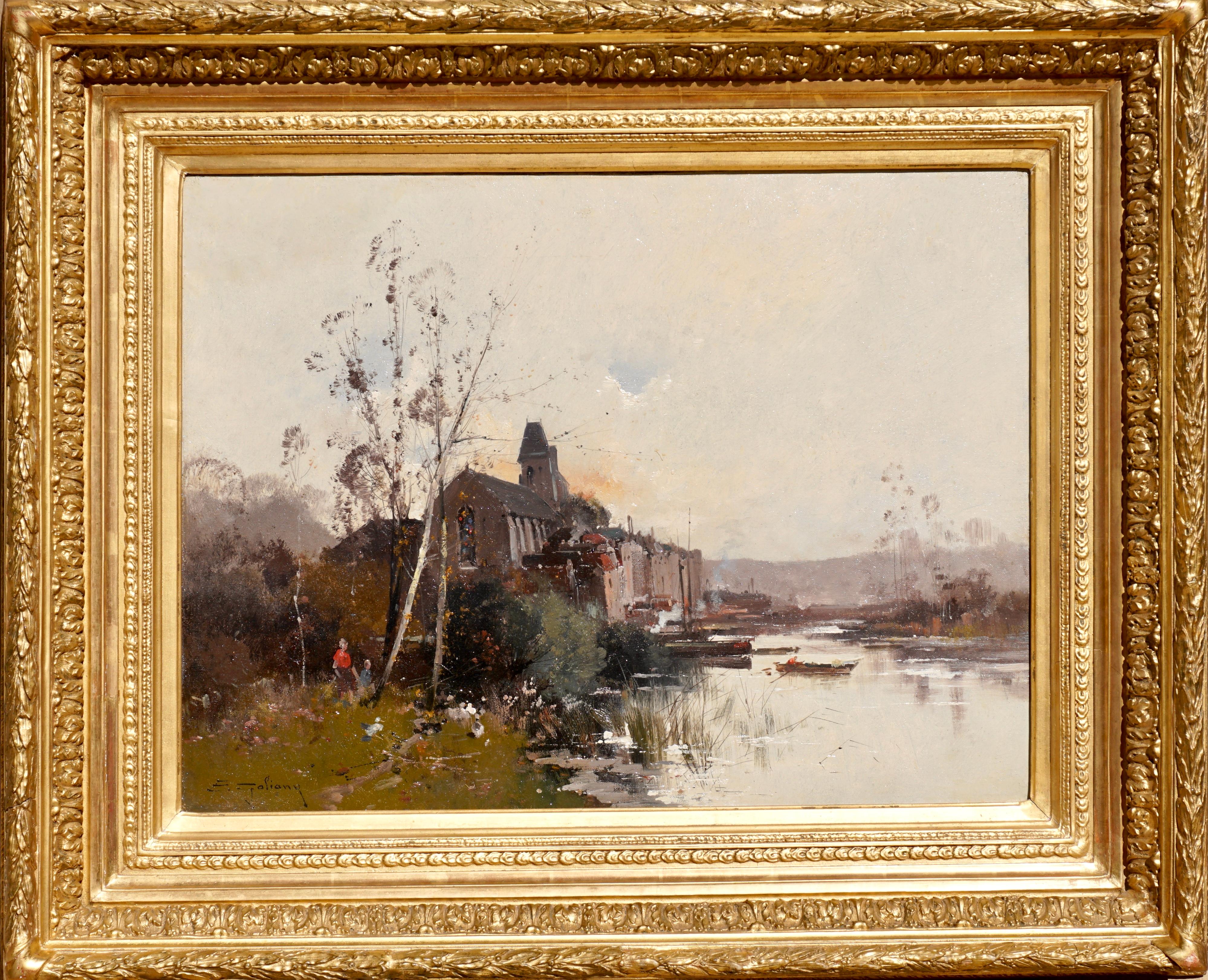 Eugene Galien Laloue (French, 1854-1941) Large oils on canvas landscape painting of the outskirts of Paris on the Seine River with figures and buildings.

Let Of The Sun, Les Andelays, Seine, Oil On Canvas Painting. 

Signed With Pseudonym “E.