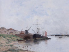 19th Century Antique Oil Painting: 'Boats in an Estuary' Signed Dominique