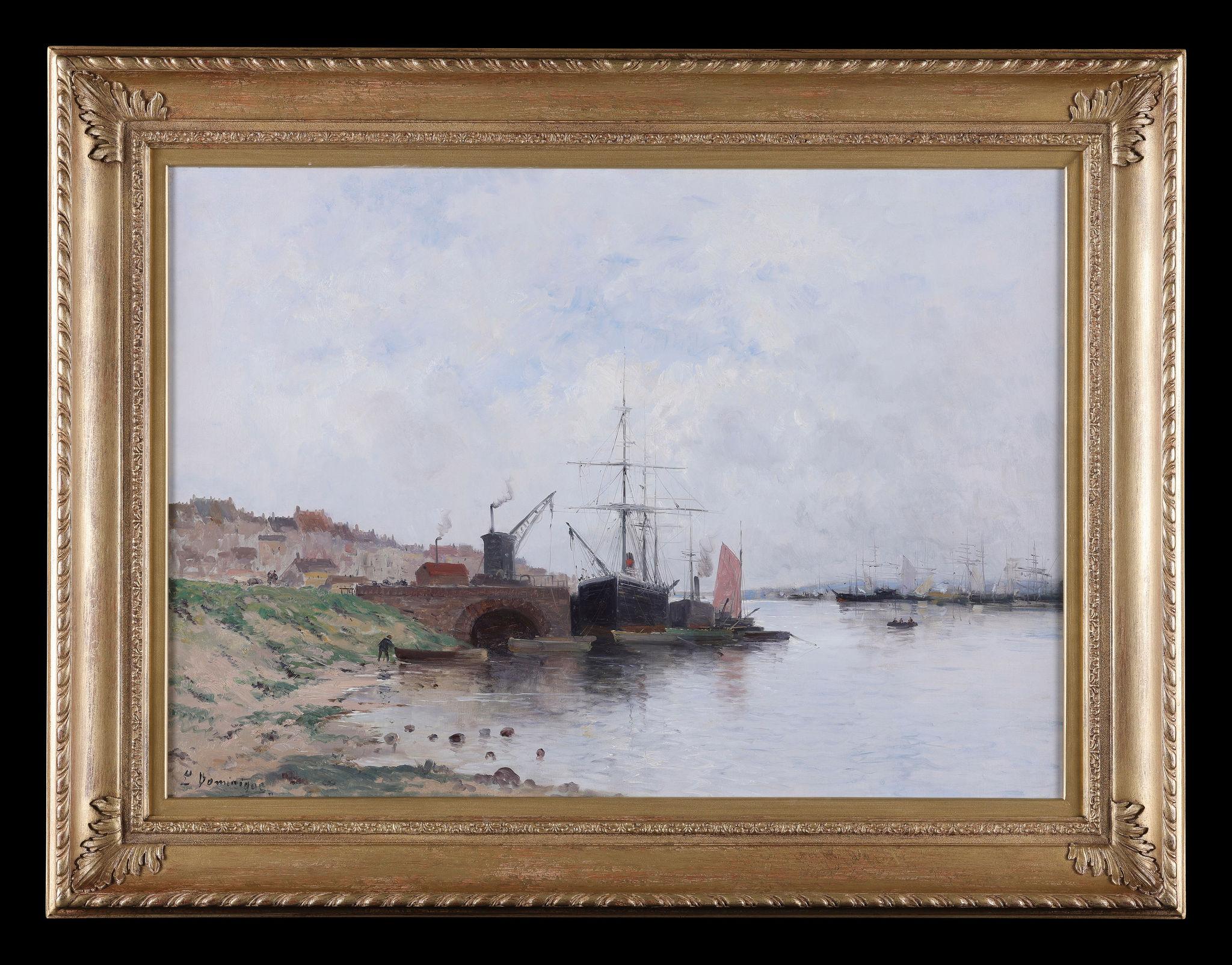 19th Century Antique Oil Painting: 'Boats in an Estuary' Signed Dominique