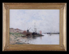 19th Century Antique Oil Painting: 'Boats in an Estuary' Signed Dominique