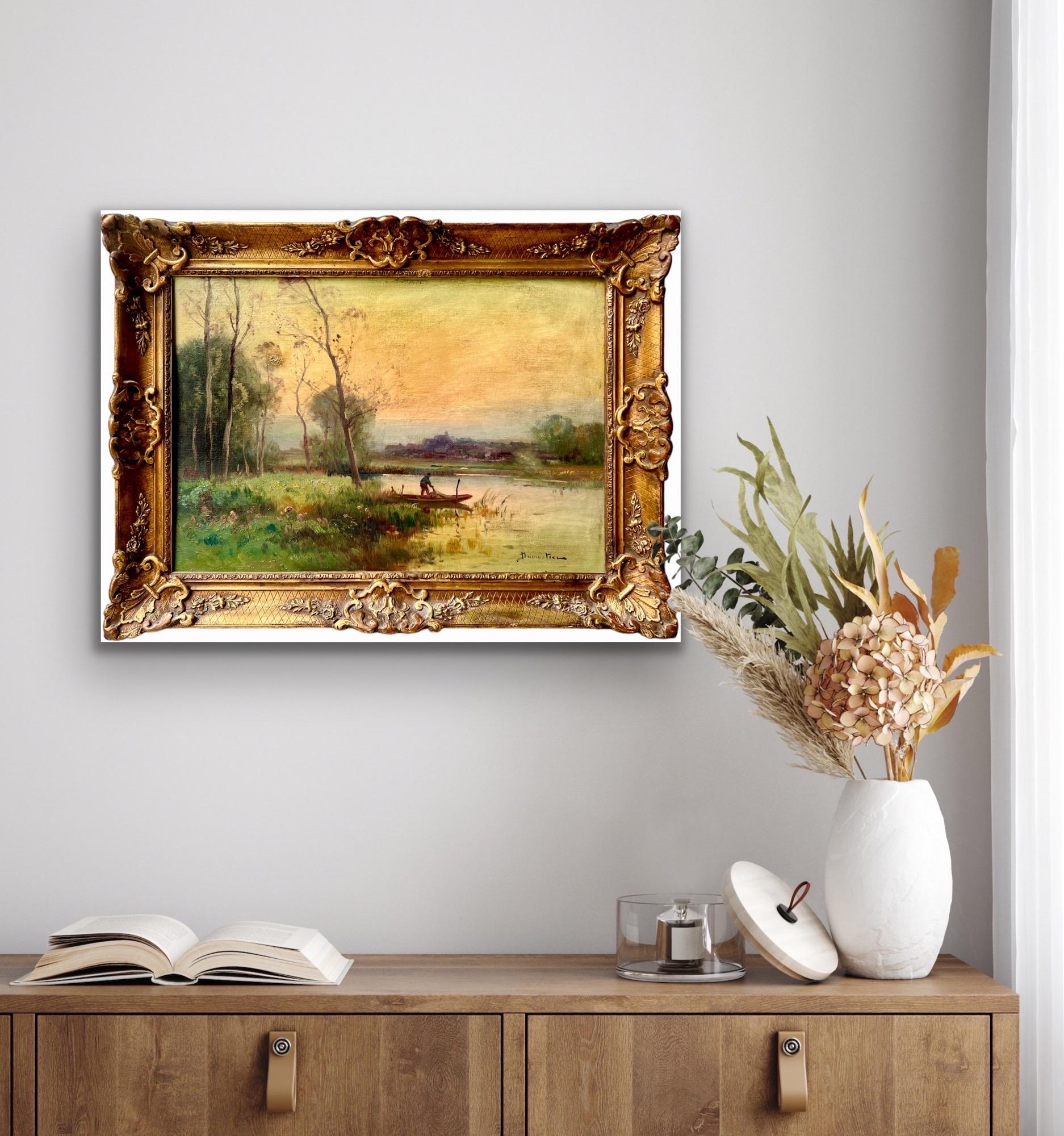 19th century French oil painting depicting a Fisherman returning home in a peaceful countryside landscape

This lovely painting depicts a charming French countryside landscape at dusk on a sunny spring day. We can see blooming trees in the middle of