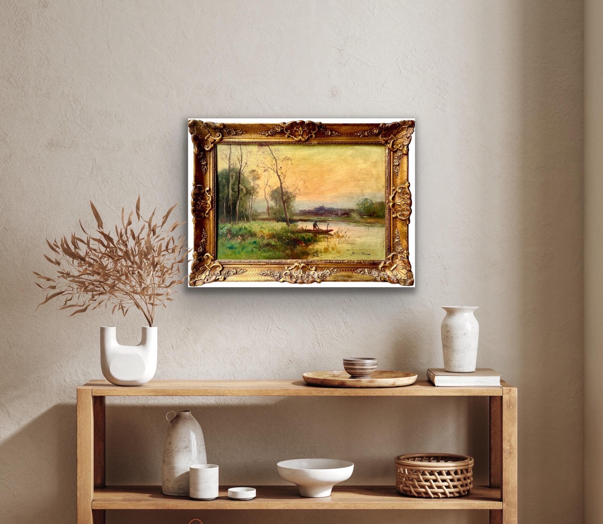 19th century French painting - Fisherman retuning home in a sunset landscape For Sale 1