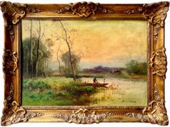 Antique 19th century French painting - Fisherman retuning home in a sunset landscape