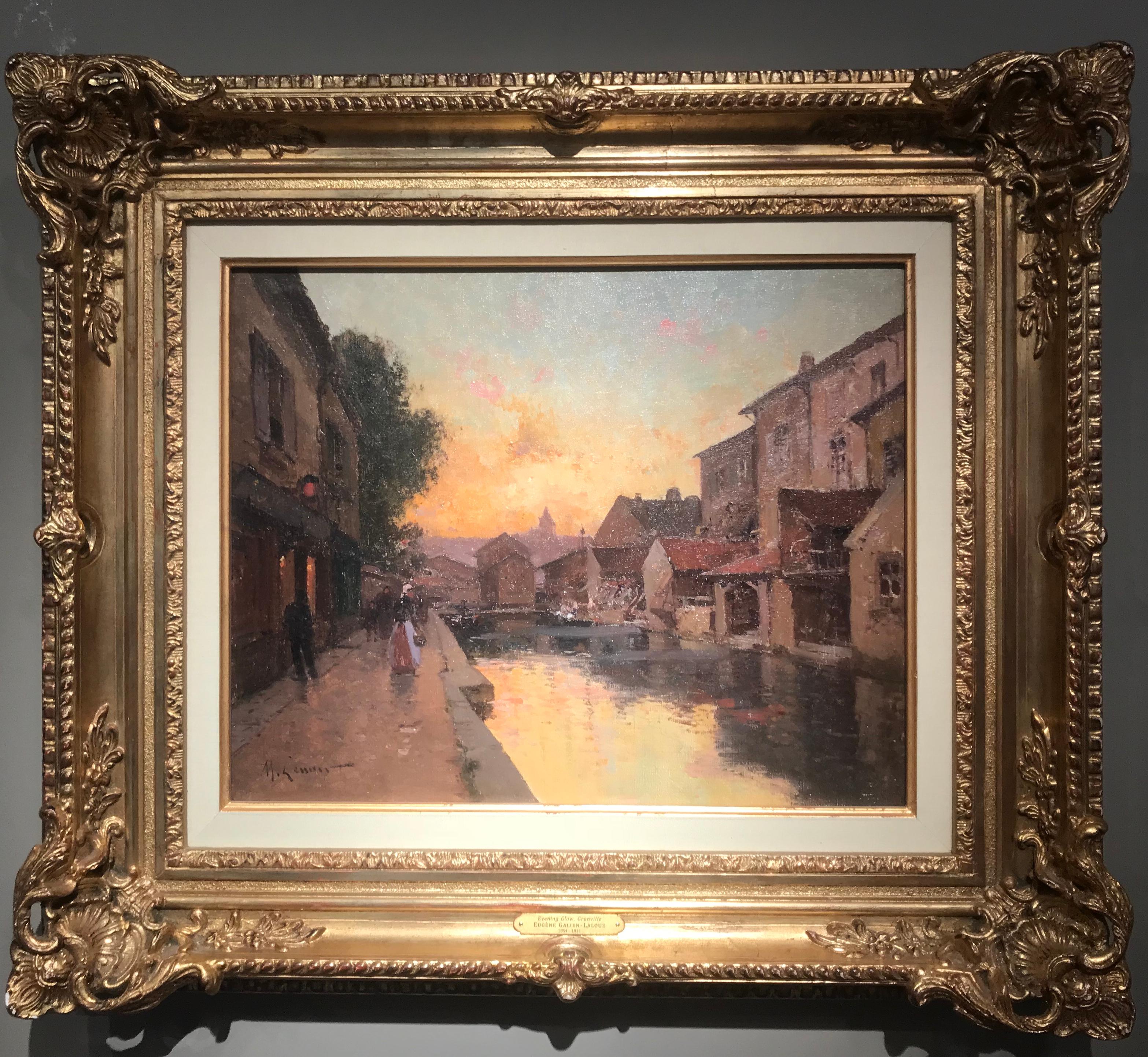 'Evening Glow' by Eugene Galien-Laloue is a Post-impressionist Parisian Street Scene - a painting filled with beautiful warm light and depicting the streets of Paris. Figures meander through sidewalk on a summer evening. 
Provenance: Private
