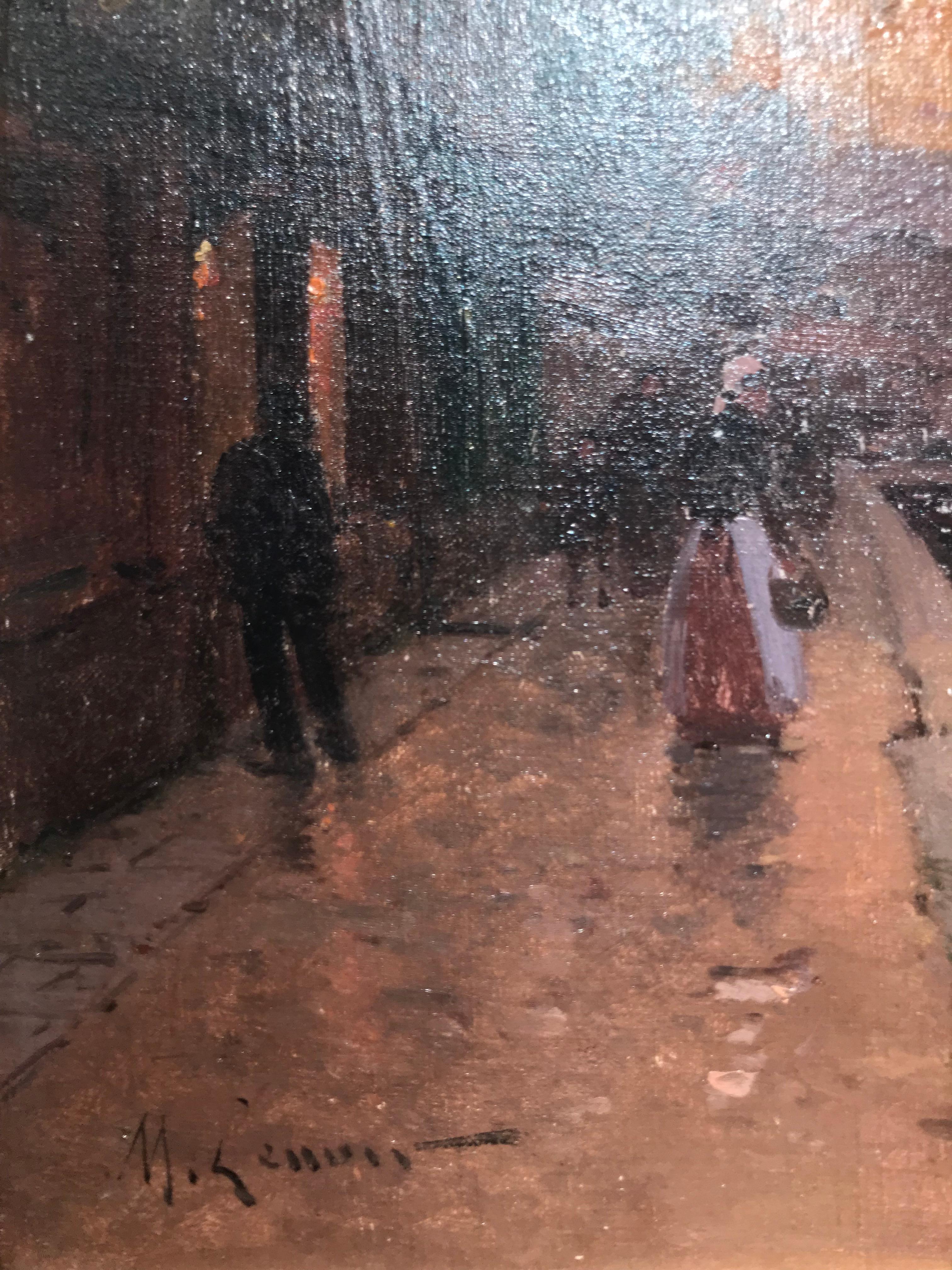 Pintura de escena callejera de París del siglo XIX 'Resplandor vespertino' luz cálida, figuras - Painting Posimpresionista de Eugene Galien-Laloue