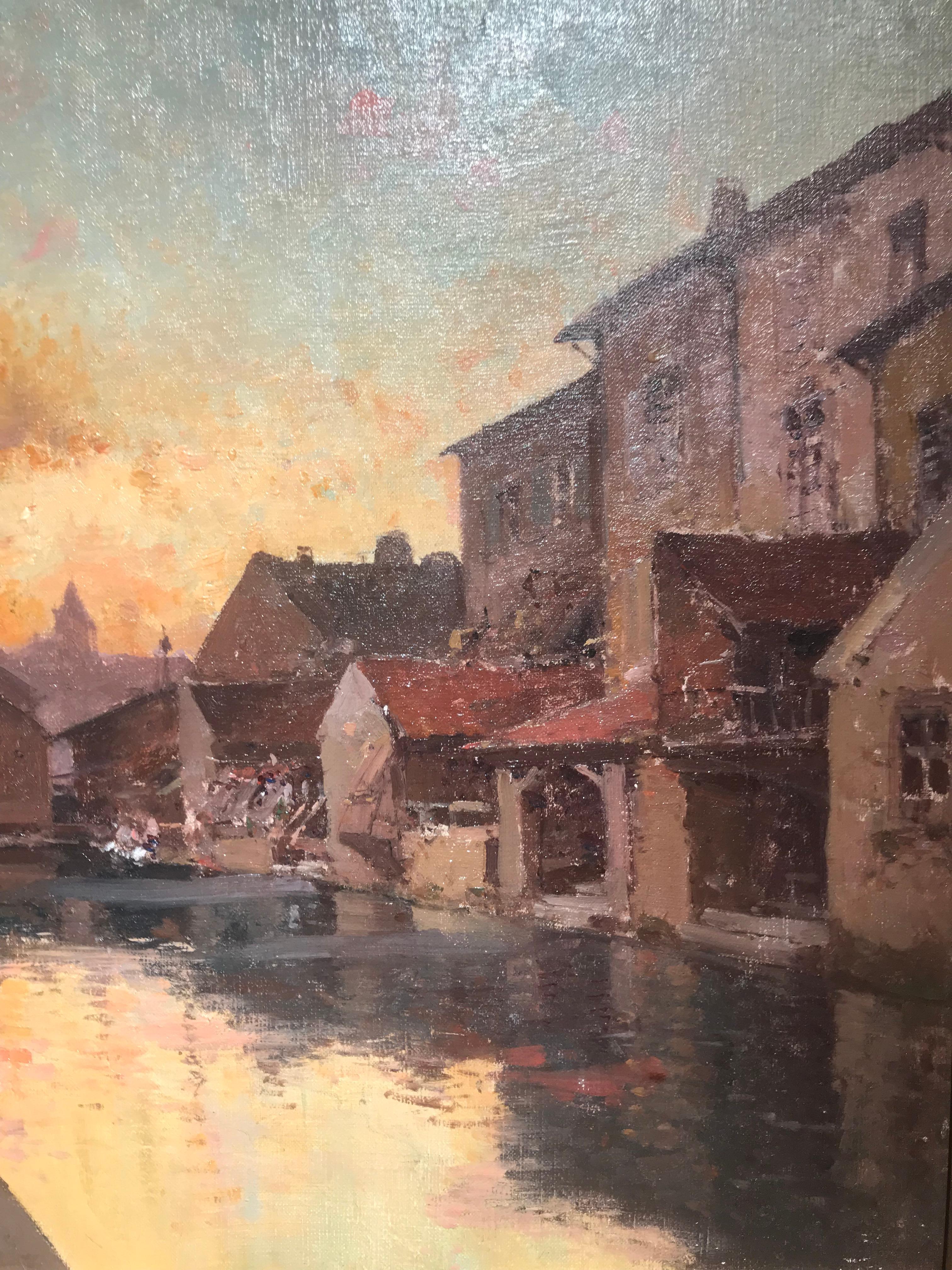 Pintura de escena callejera de París del siglo XIX 'Resplandor vespertino' luz cálida, figuras - Landscape Painting Marrón de Eugene Galien-Laloue