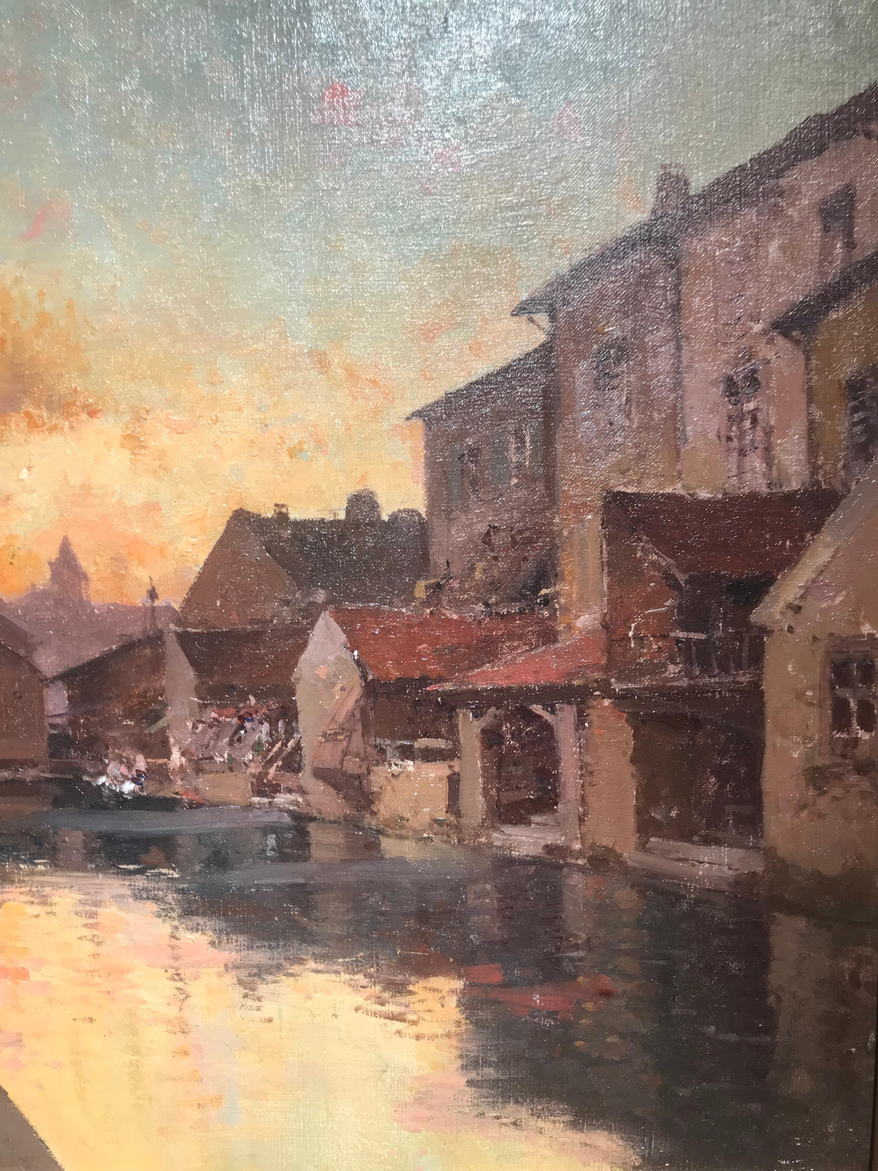 19th Century Paris Street Scene Painting 'Evening Glow' warm light, figures For Sale 2