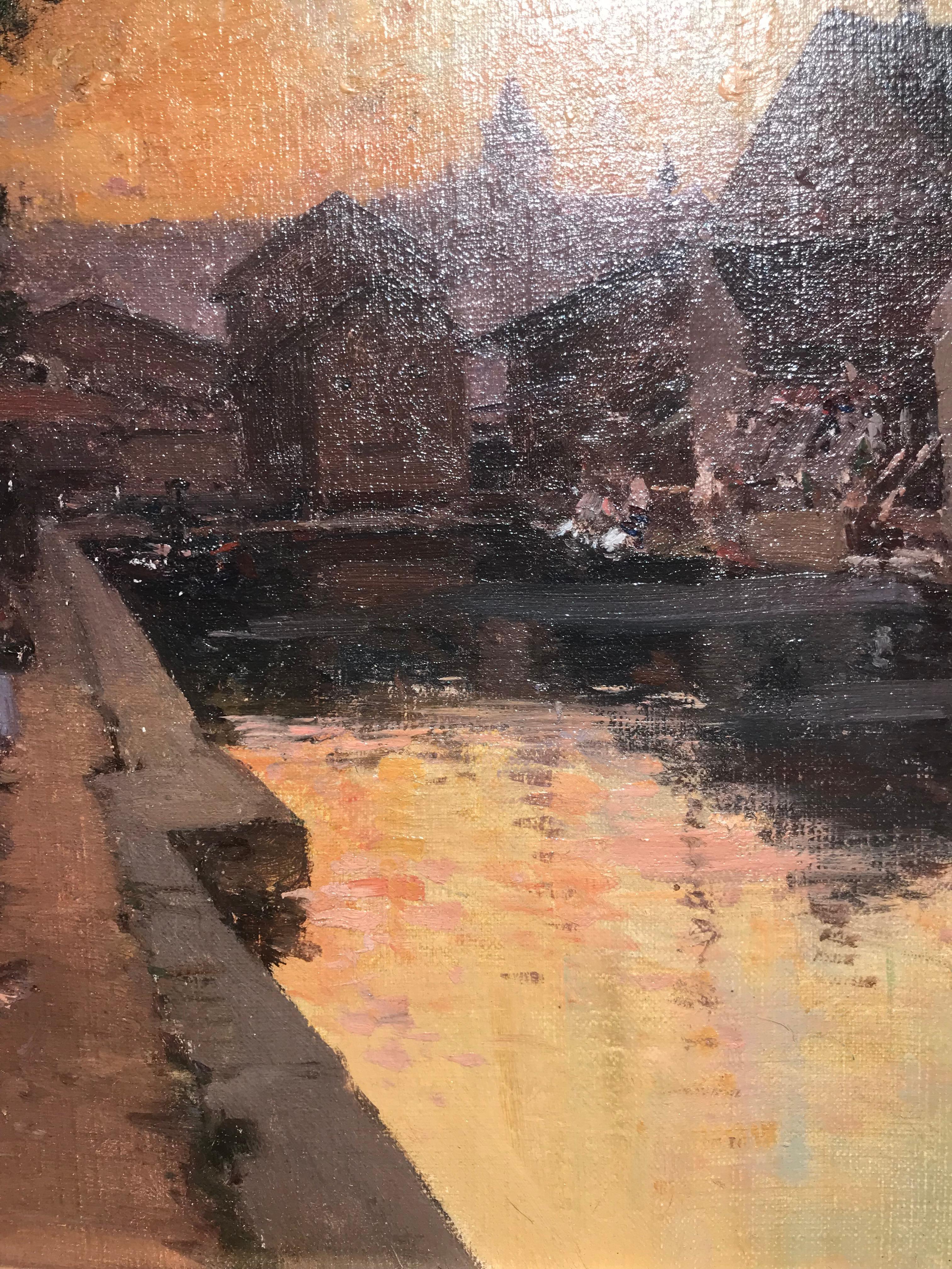 19th Century Paris Street Scene Painting 'Evening Glow' warm light, figures For Sale 4