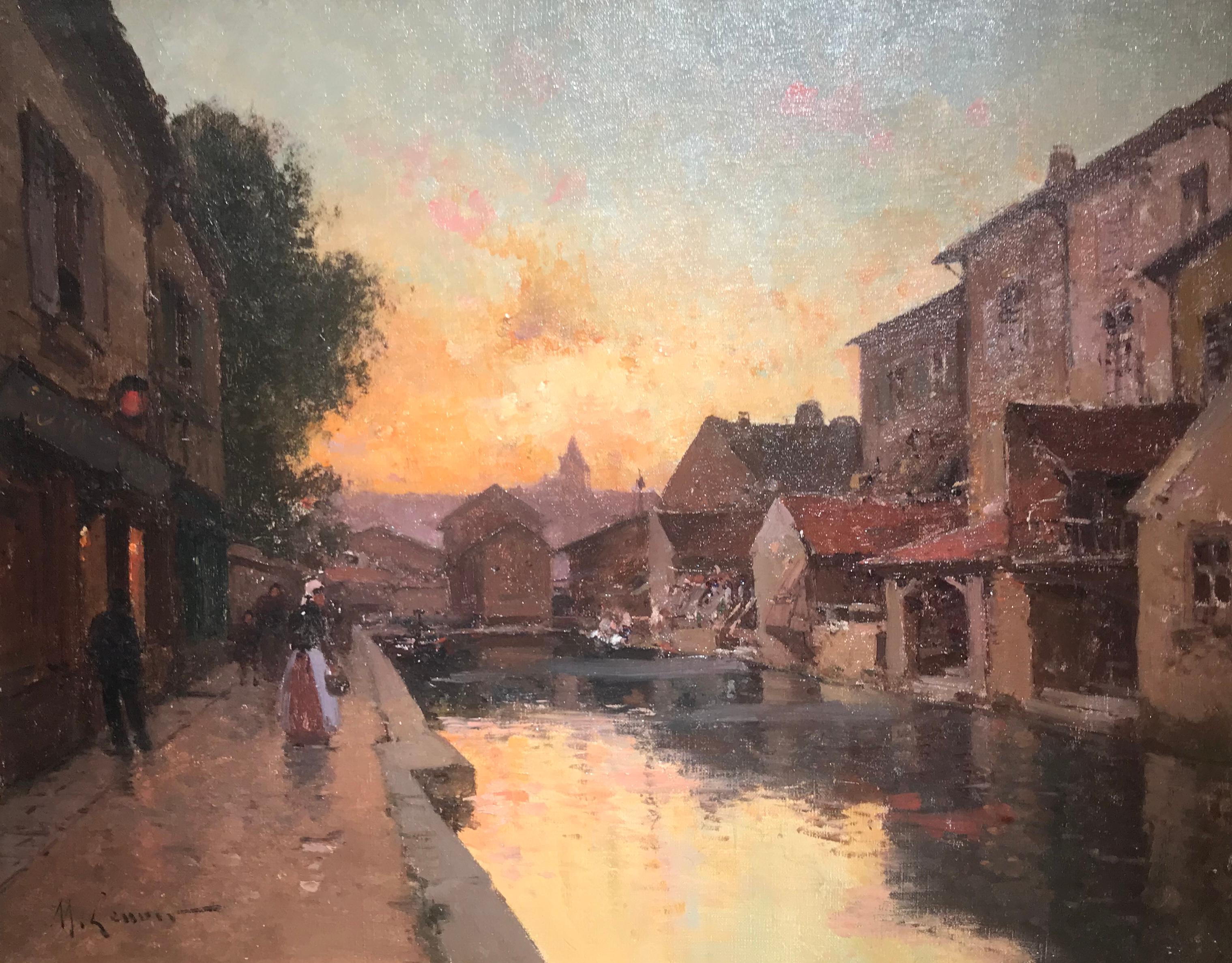 Landscape Painting de Eugene Galien-Laloue - Pintura de escena callejera de París del siglo XIX 'Resplandor vespertino' luz cálida, figuras