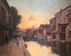 Antique 19th Century Paris Street Scene Painting 'Evening Glow' warm light, figures