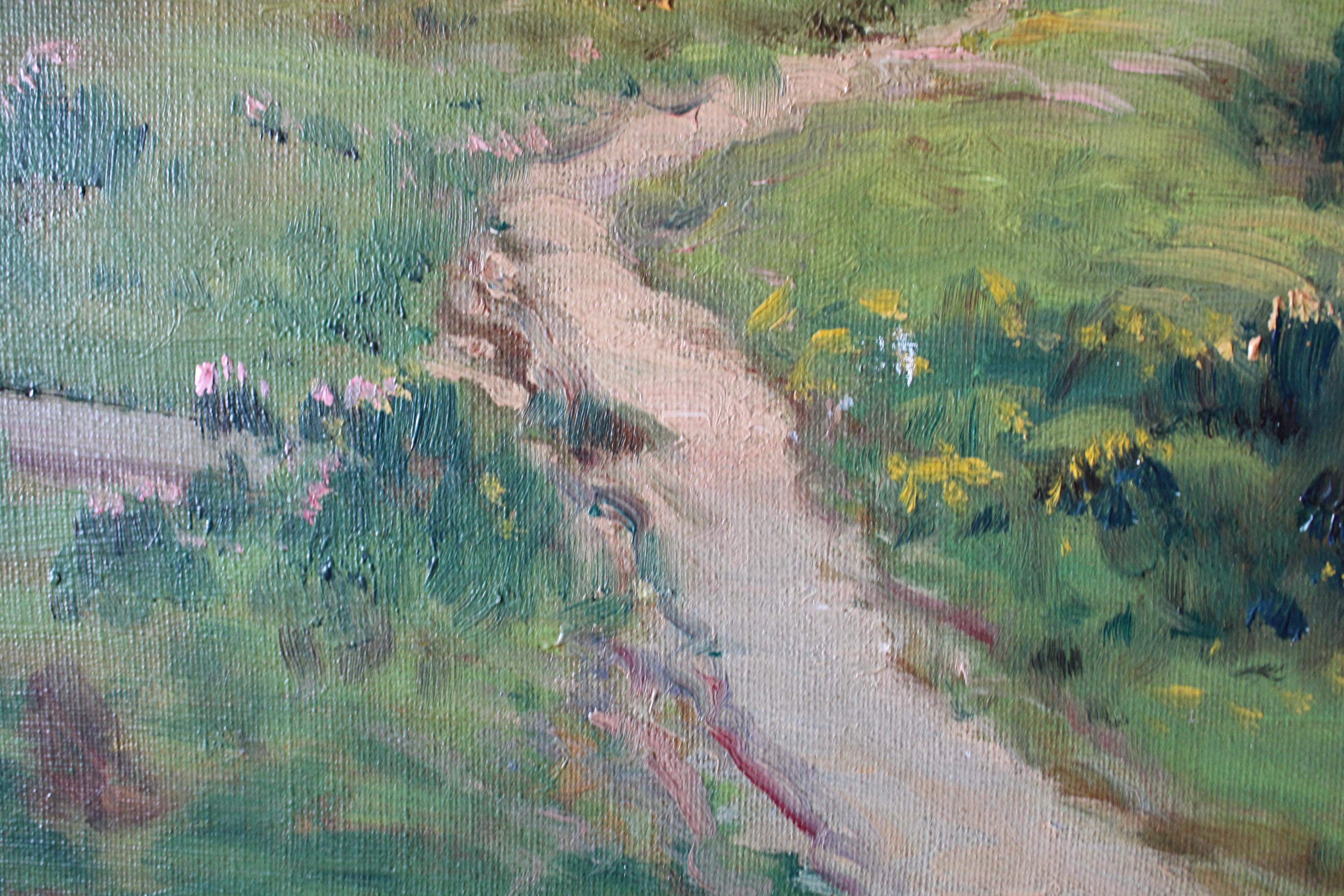 Ancienne peinture à l'huile originale au bord de la rivière, style Barbazon, signée Domoutier en vente 5