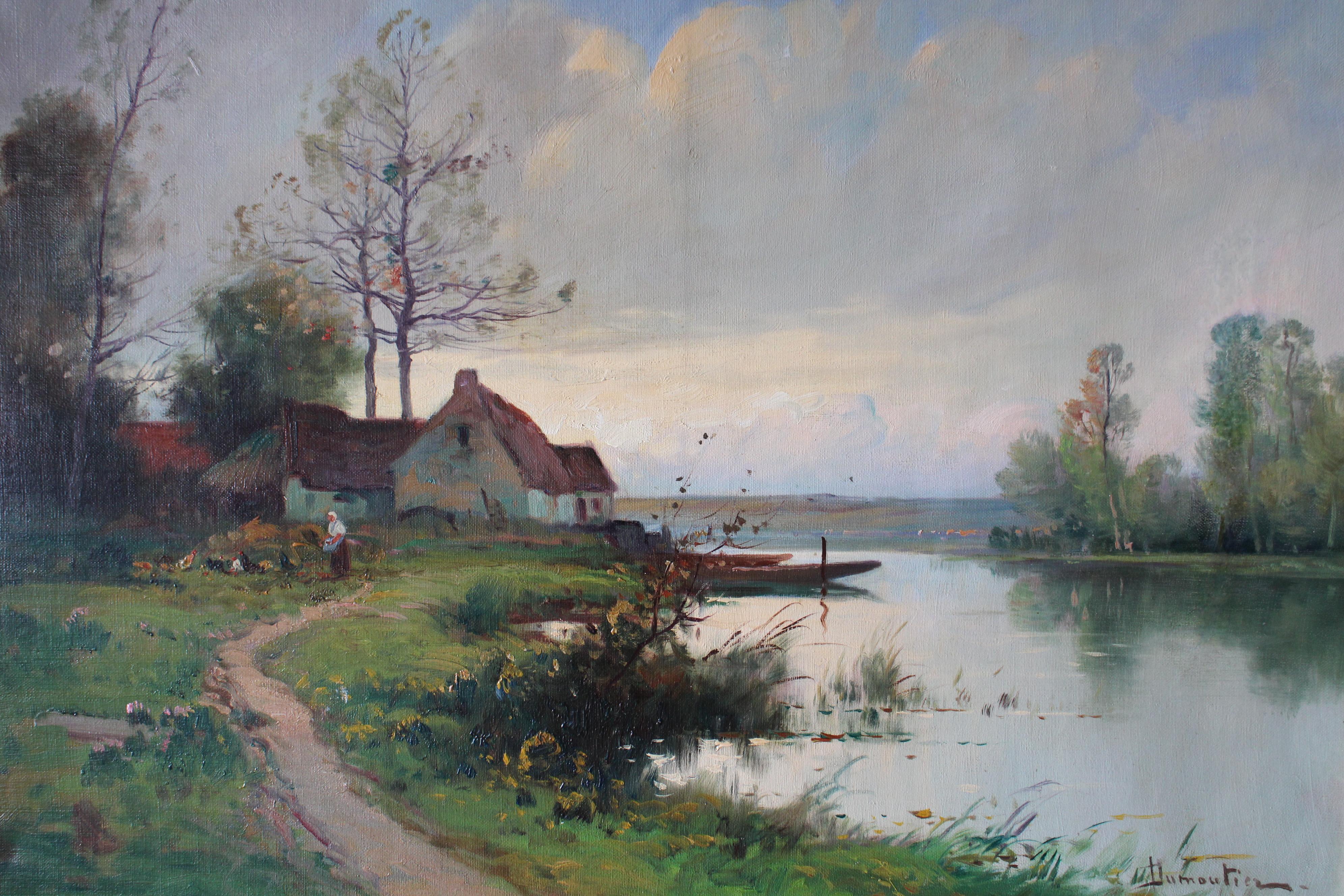 Ancienne peinture à l'huile originale au bord de la rivière, style Barbazon, signée Domoutier - Painting de Eugene Galien-Laloue
