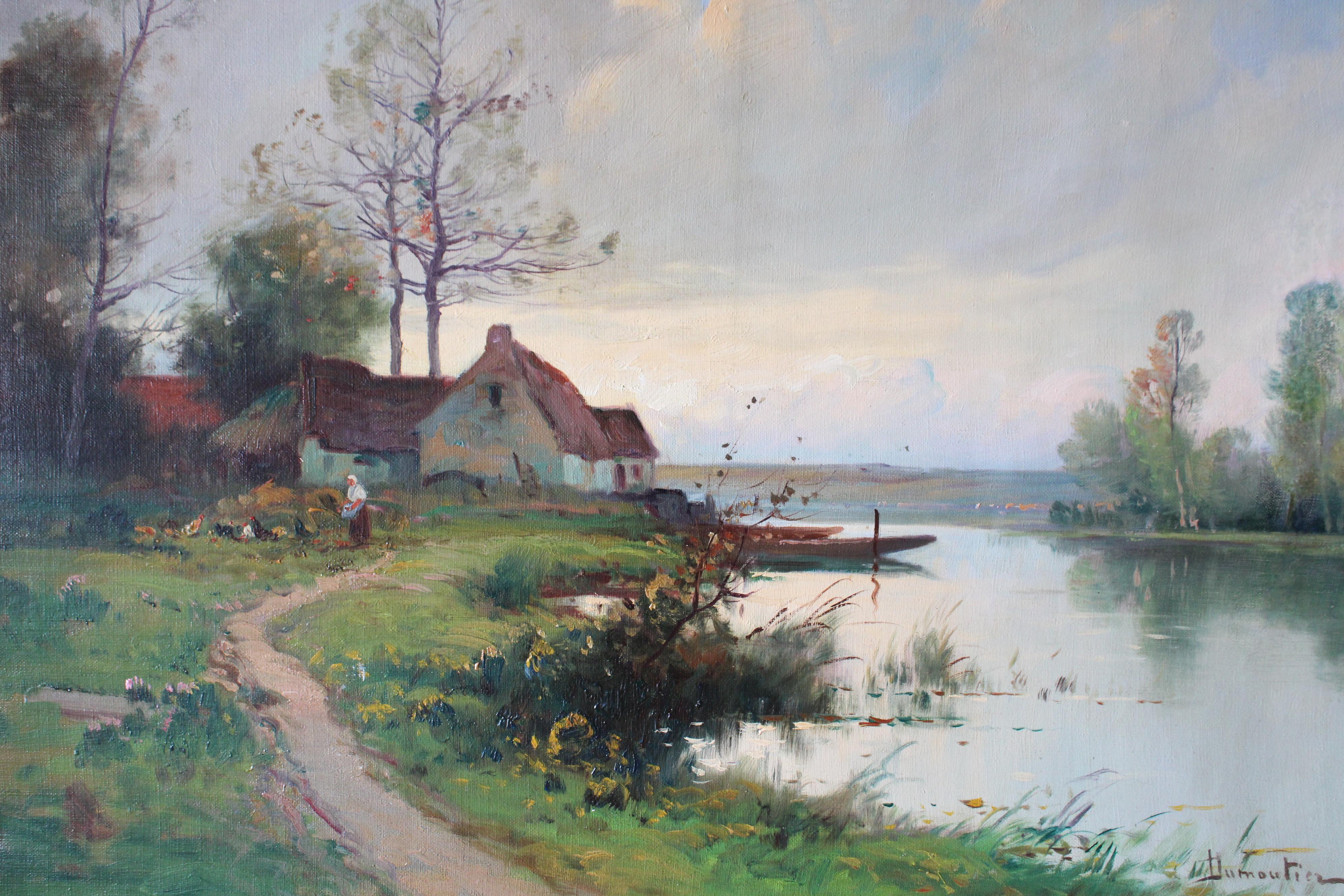 Ancienne peinture à l'huile originale au bord de la rivière, style Barbazon, signée Domoutier - École de Barbizon Painting par Eugene Galien-Laloue