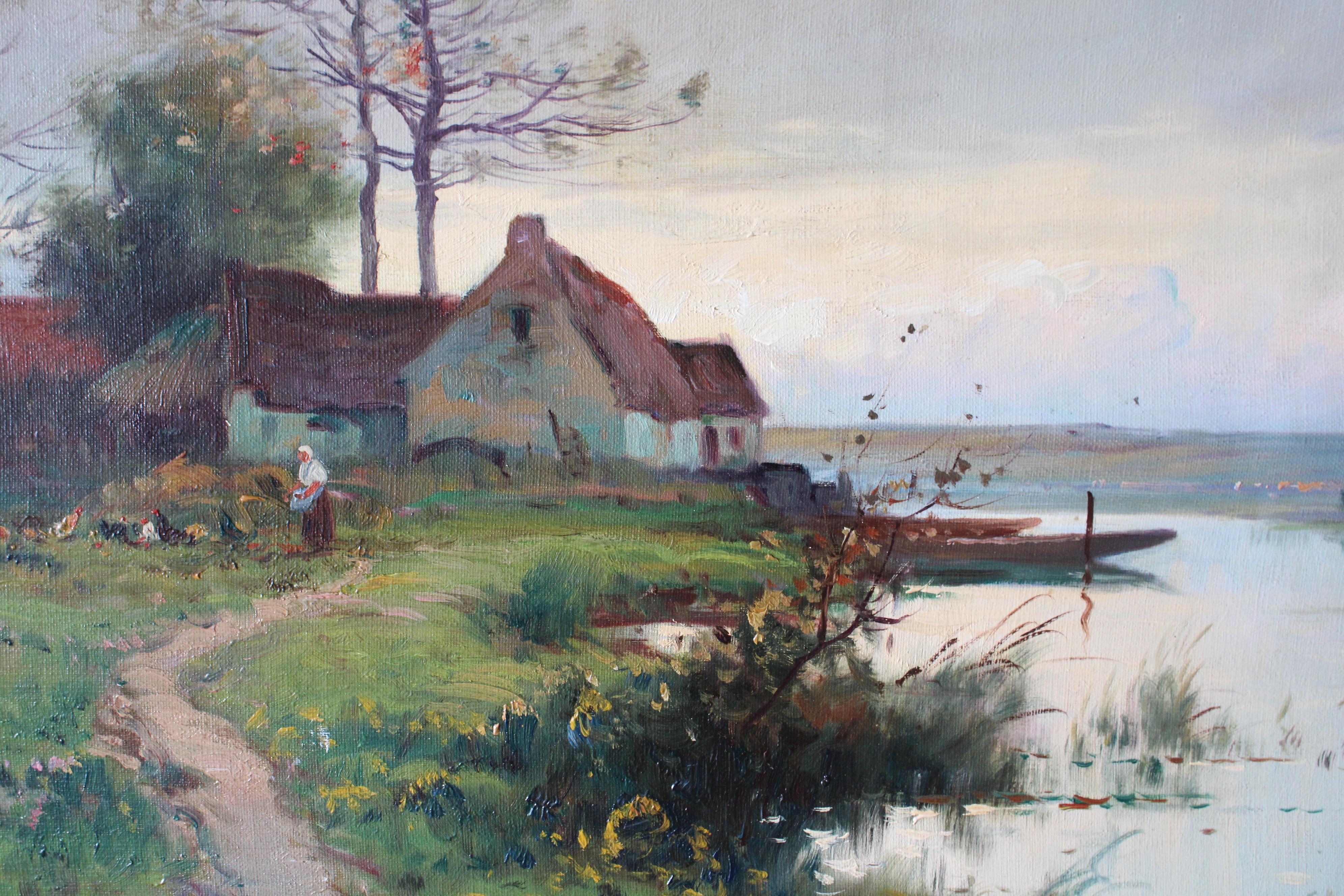 Ancienne peinture à l'huile originale au bord de la rivière, style Barbazon, signée Domoutier - Gris Landscape Painting par Eugene Galien-Laloue