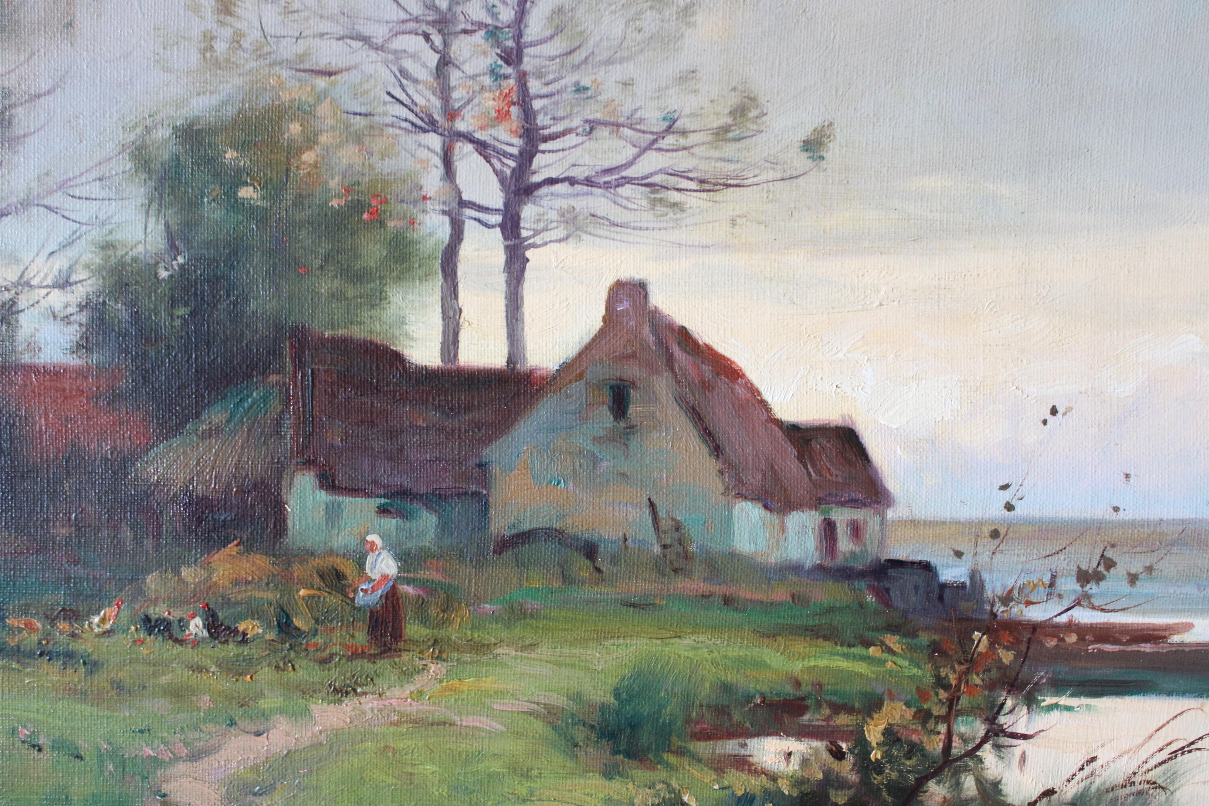 Grande peinture à l'huile ancienne sur toile de l'artiste français Eugène Galien-Laloue (1854-1941).    Une huile sur toile apaisante et traditionnelle de cet artiste respecté et renommé.  Une rivière serpente autour du paysage, flanquée de grands