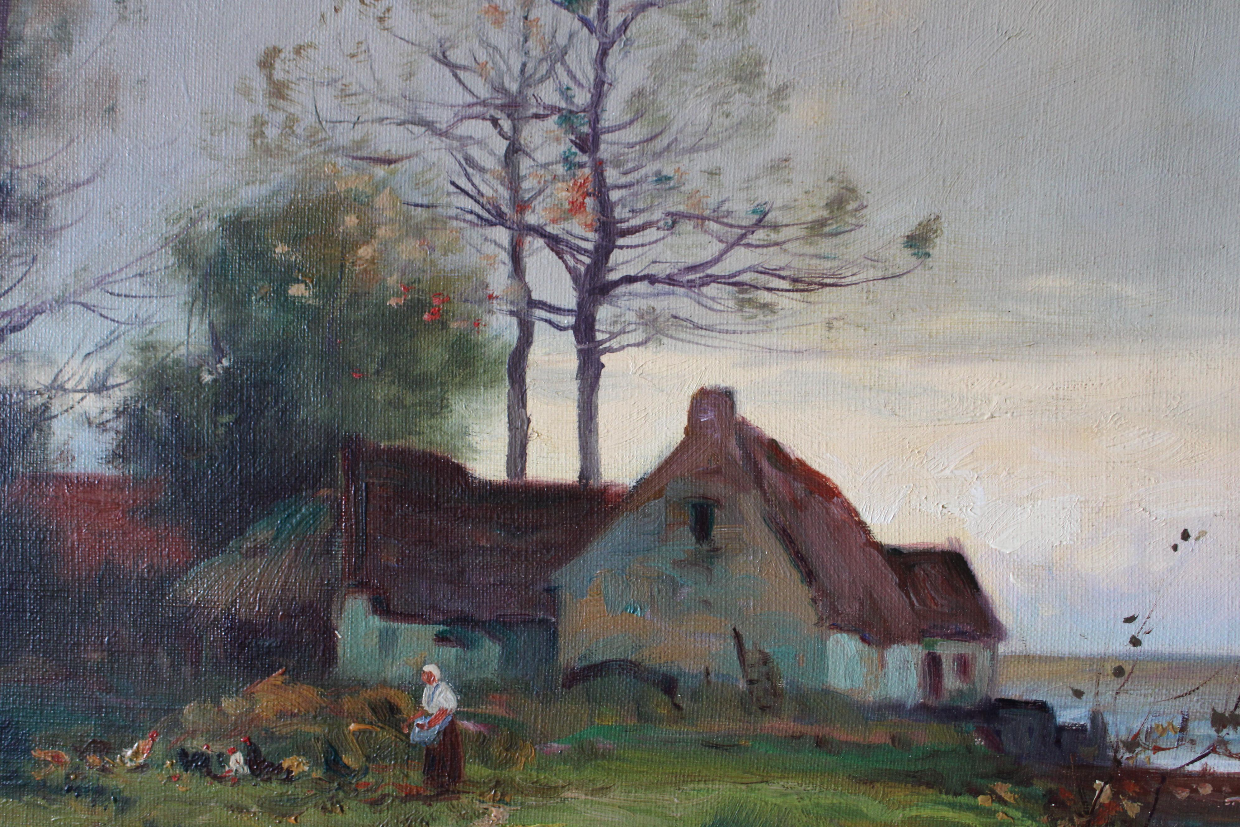 Ancienne peinture à l'huile originale au bord de la rivière, style Barbazon, signée Domoutier en vente 1