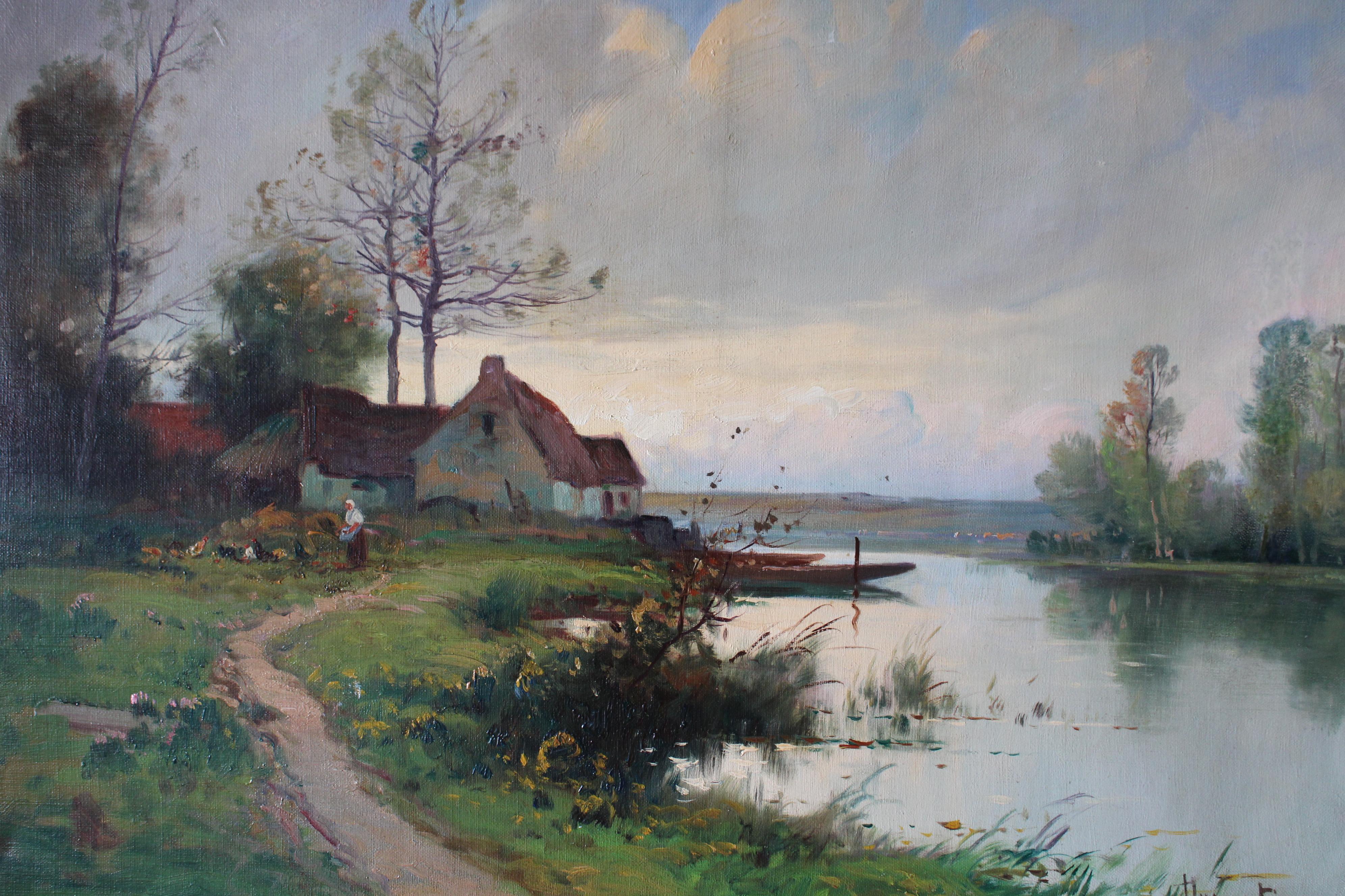 Ancienne peinture à l'huile originale au bord de la rivière, style Barbazon, signée Domoutier en vente 2