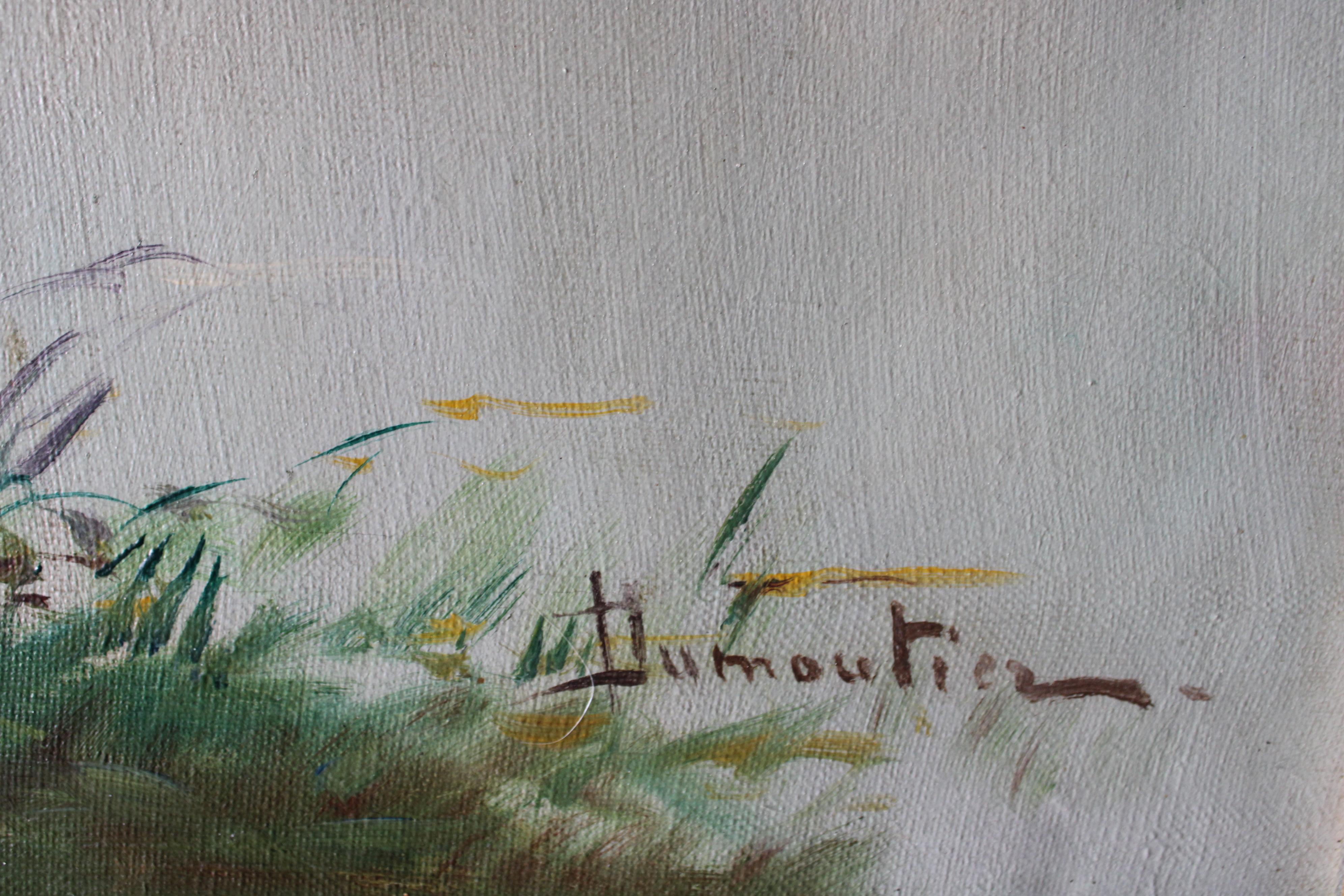 Ancienne peinture à l'huile originale au bord de la rivière, style Barbazon, signée Domoutier en vente 4