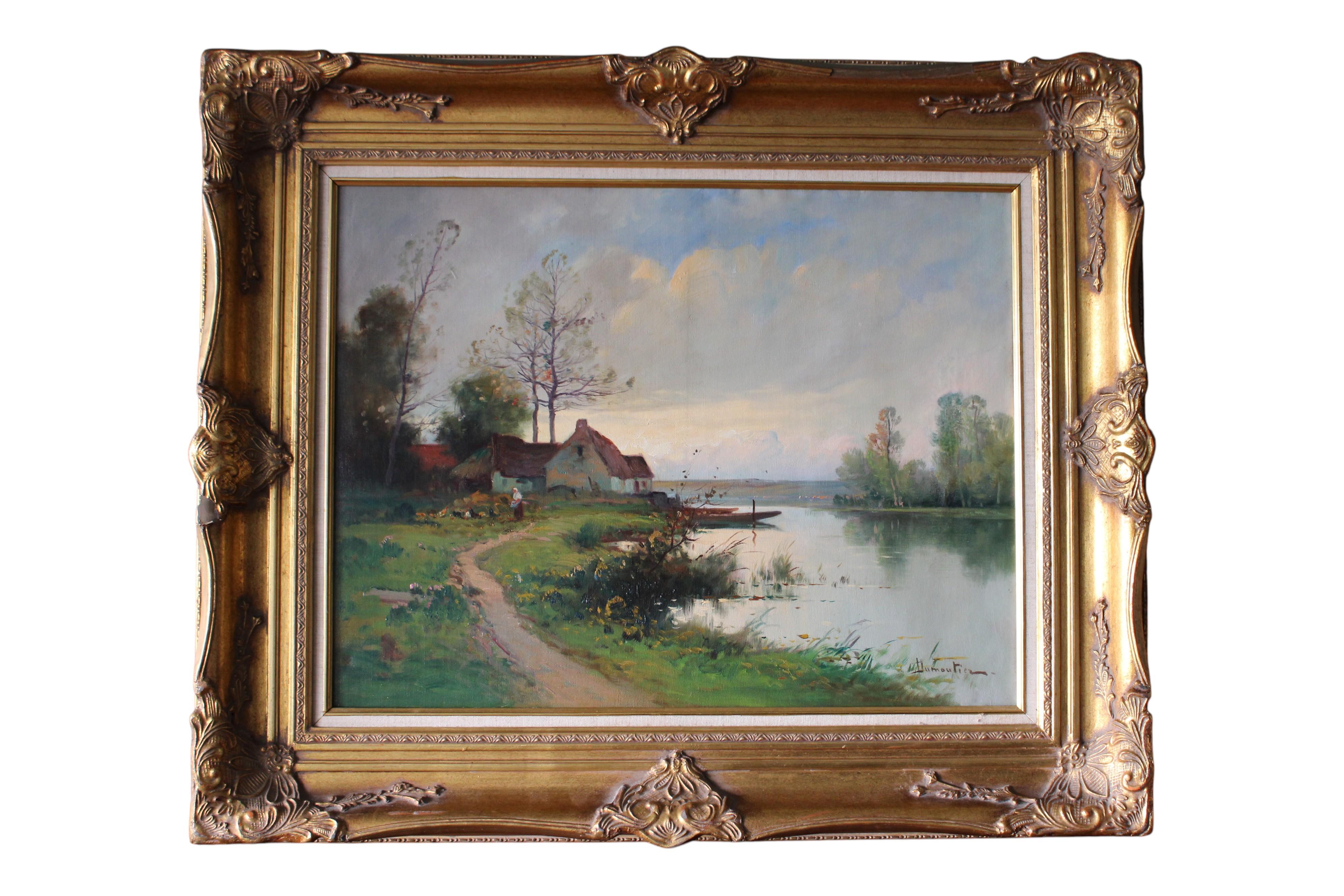 Ancienne peinture à l
huile originale au bord de la rivière, style Barbazon, signée Domoutier