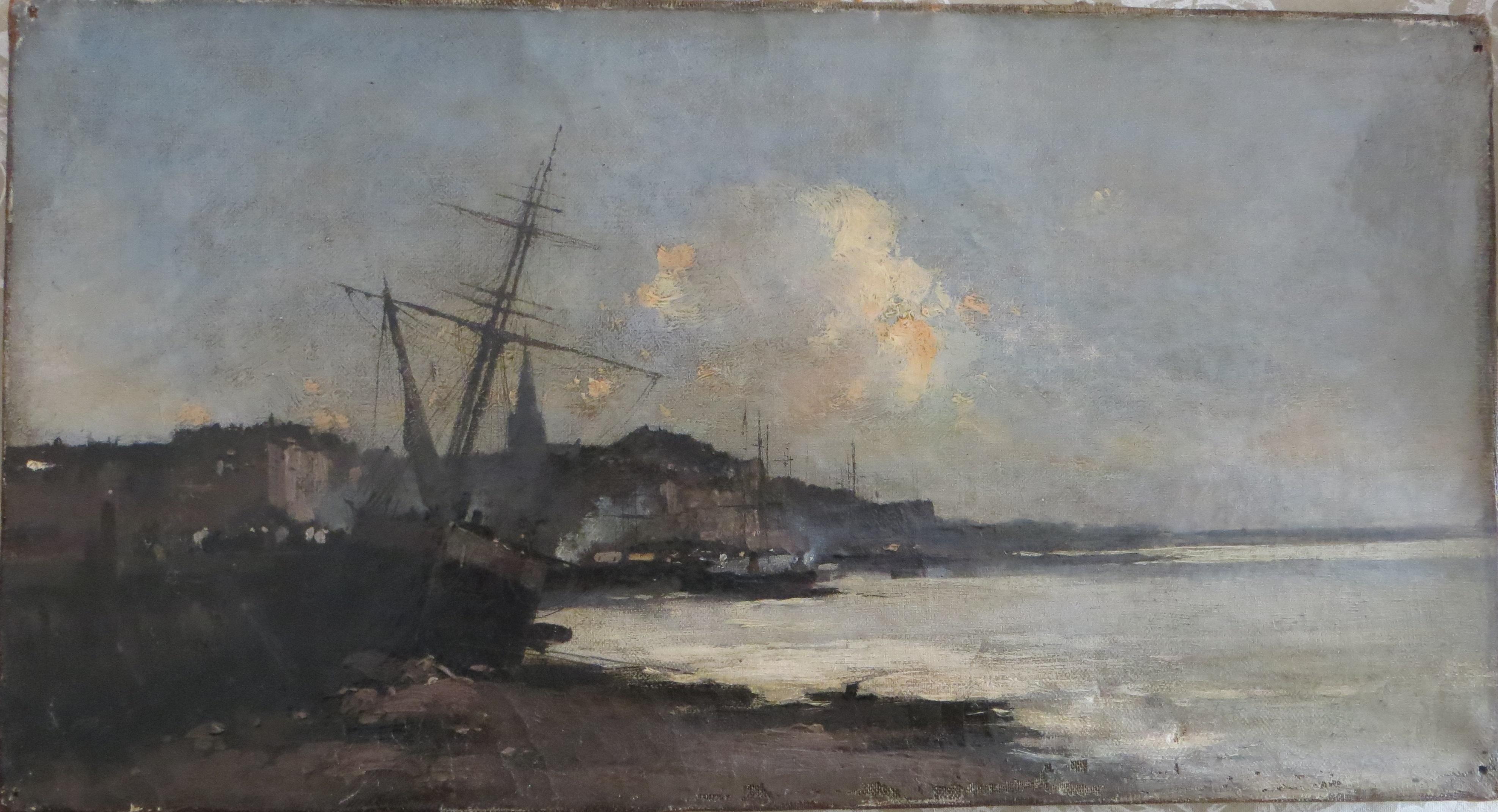 Boat in Harbor - At The Quayside On The Flowery Coast - Galien laloue - oil - - Landscape Painting Beige di Eugene Galien-Laloue