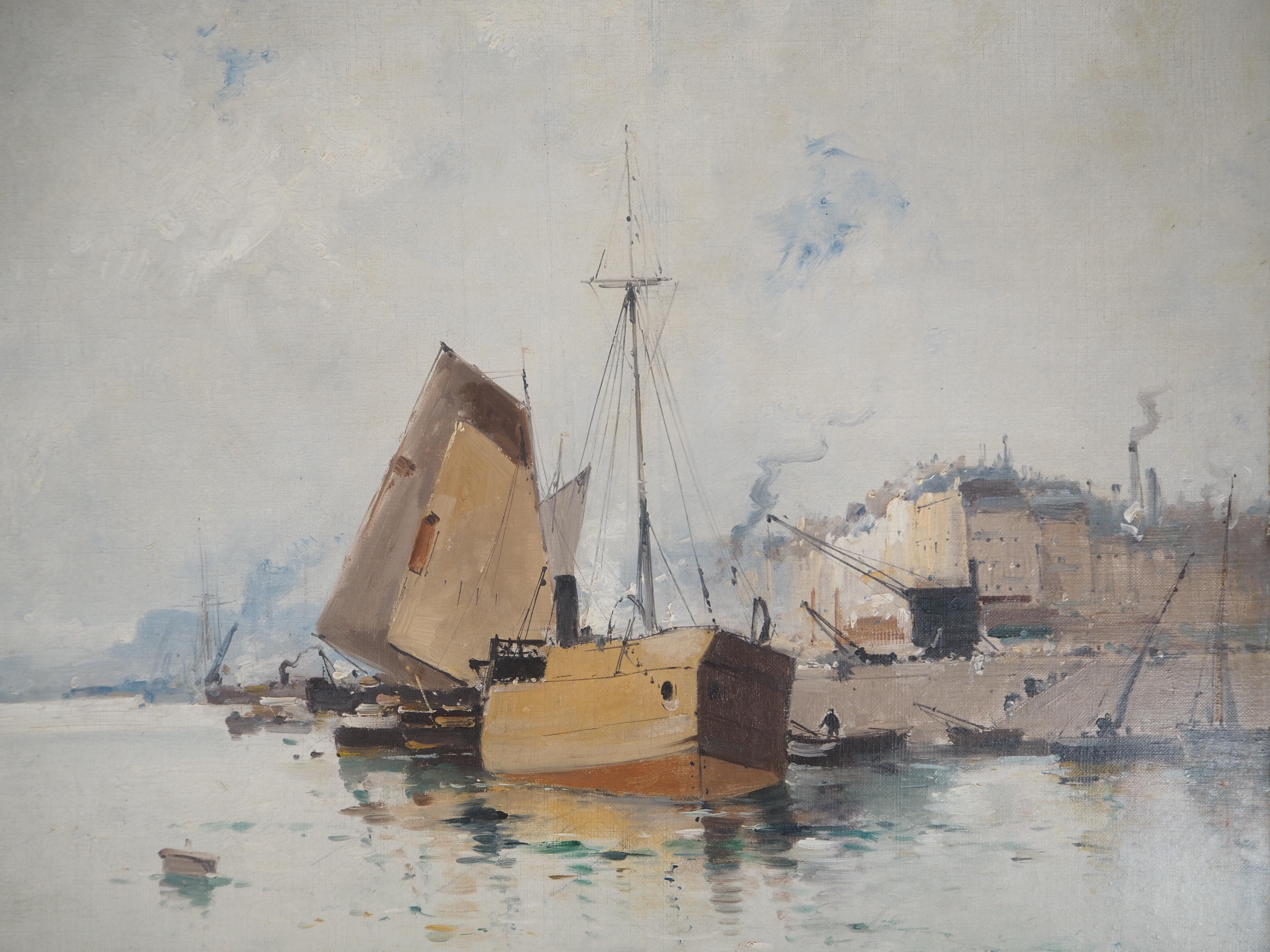 Boats Leaving the Harbor - Original painting on canvas - Signed - Black Landscape Painting by Eugene Galien-Laloue