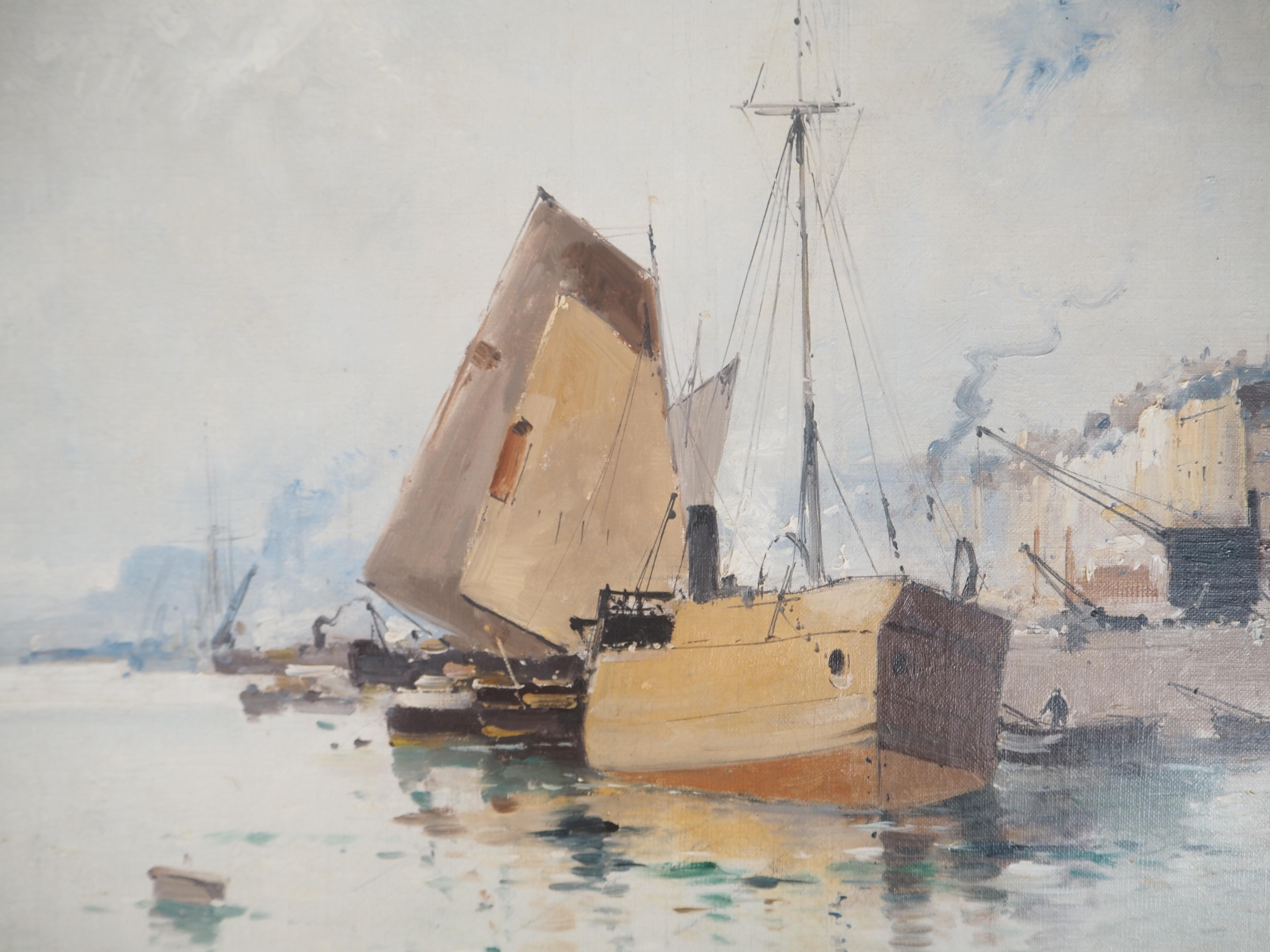 Eugene GALIEN - LALOUE
Boats Leaving the Harbor

Original oil painting on canvas 
Signed bottom right Paul Auber (pseudonym of the artist)
On canvas 50 x 61 cm (c. 20 x 24 in)
Presented in golden wood frame 75 x 85 cm (c. 30 x 34 in)

Very Good