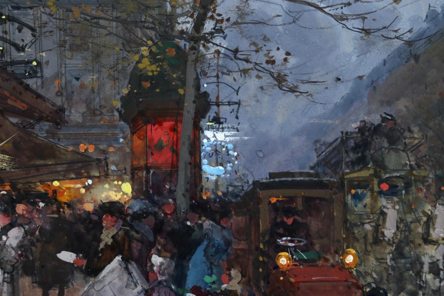 A beautiful gouache on board circa 1890 by French impressionist painter Eugene Galien-Laloue depicting a bustling night scene at the Café de la Paix, a famous café at the Place de l'Opera, Paris. Signed lower left. This work has been authenticated