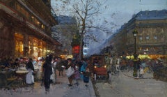 Cafe de la Paix - Paris - Figures in Cityscape at Night by Eugene Galien-Laloue