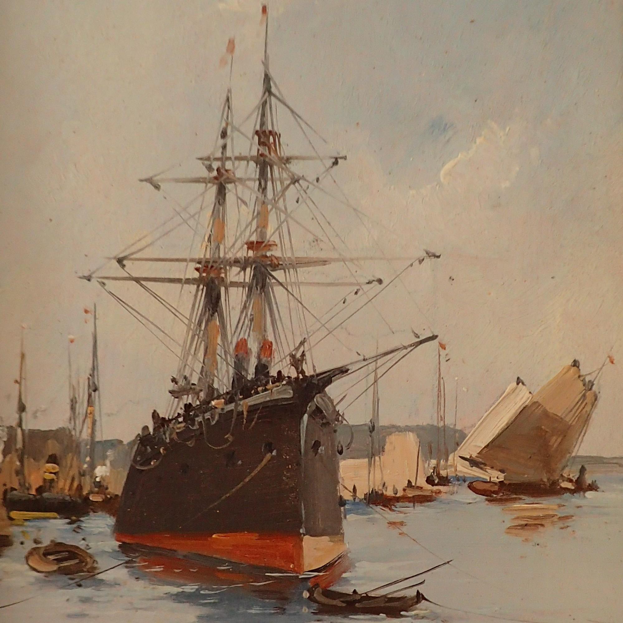 French oil Painting of A Masted Cargo Boat and Sailboat For Sale 1