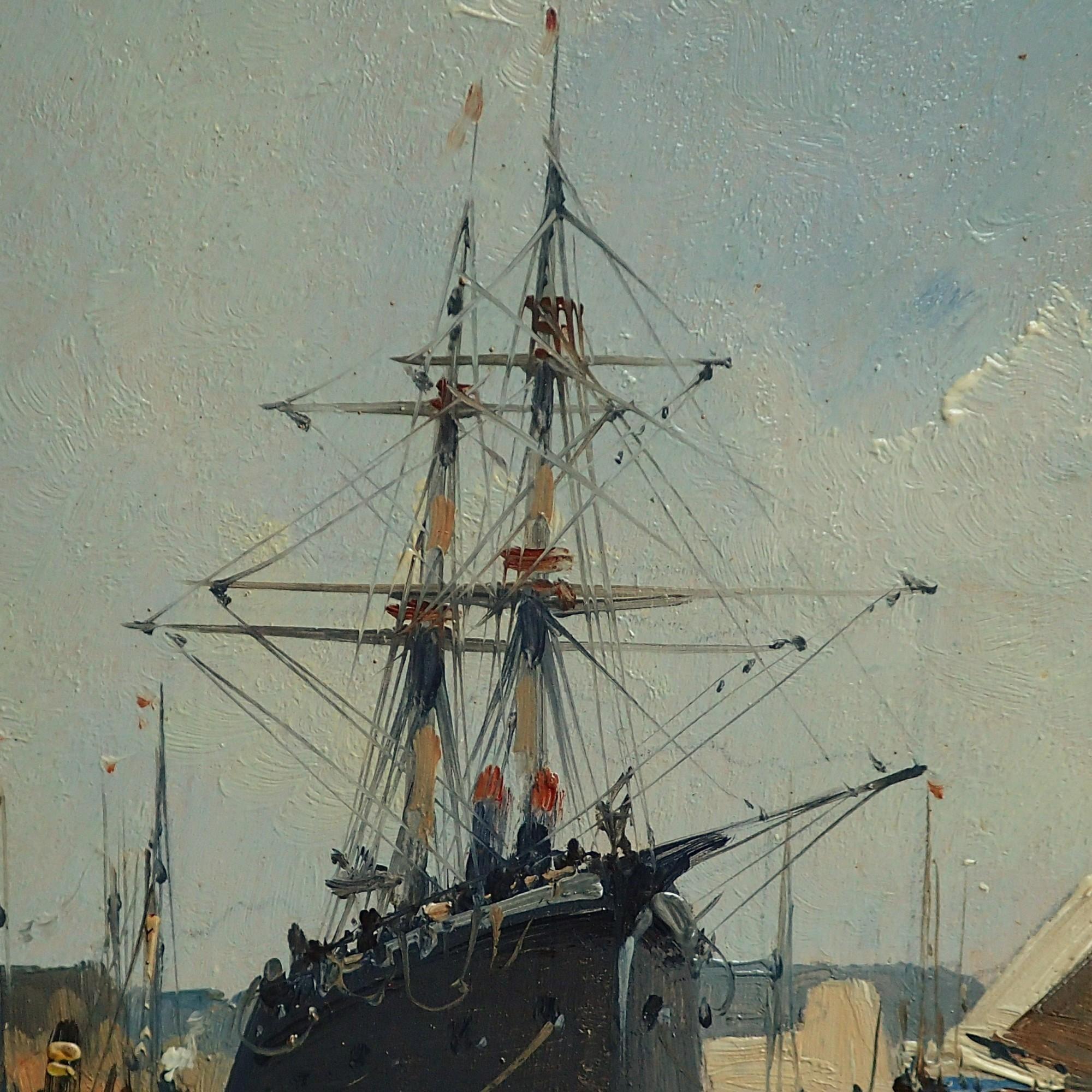 French oil Painting of A Masted Cargo Boat and Sailboat For Sale 2