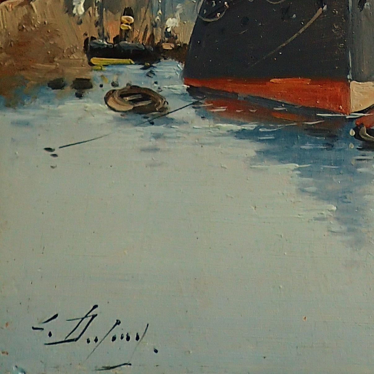 French oil Painting of A Masted Cargo Boat and Sailboat For Sale 3