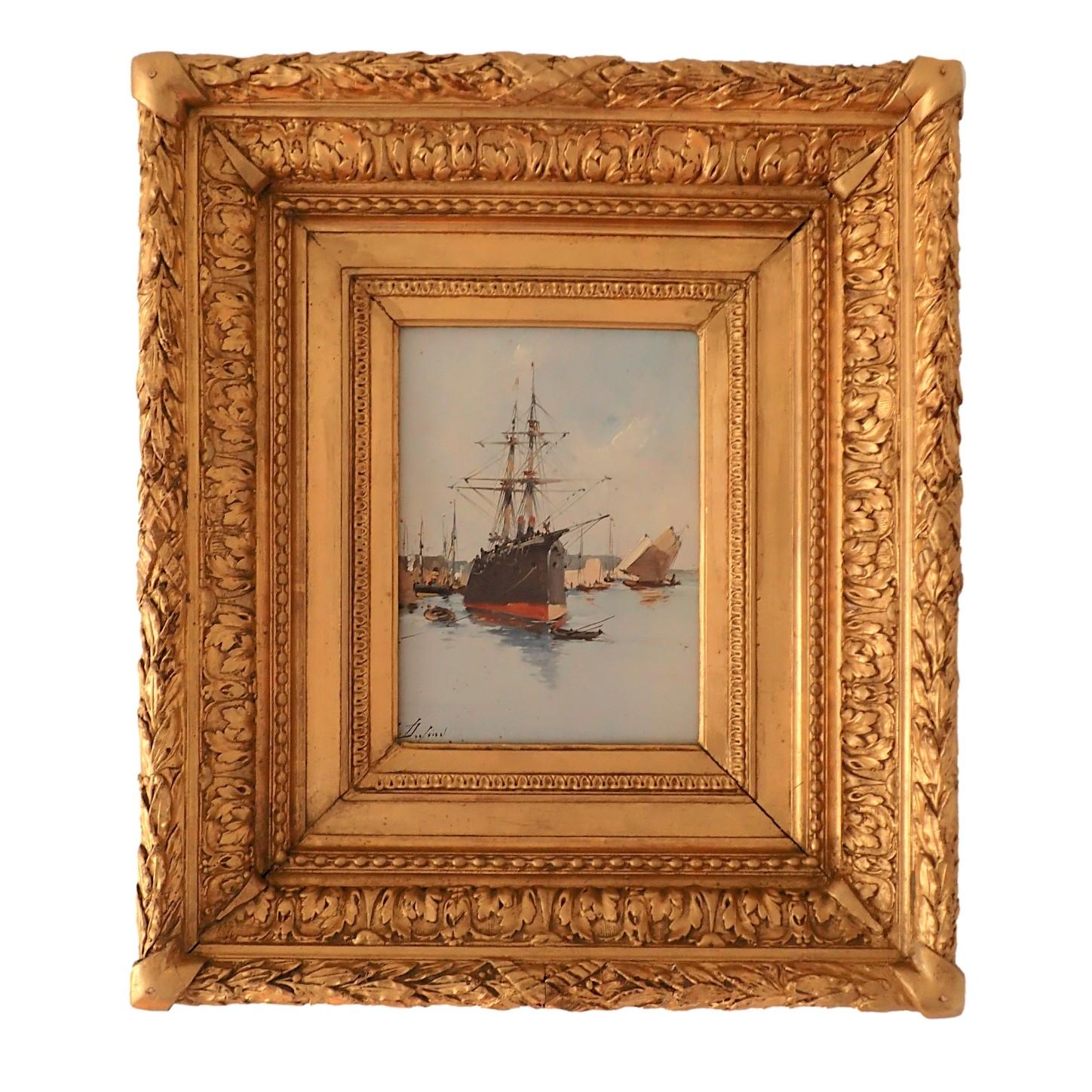 French oil Painting of A Masted Cargo Boat and Sailboat For Sale 4